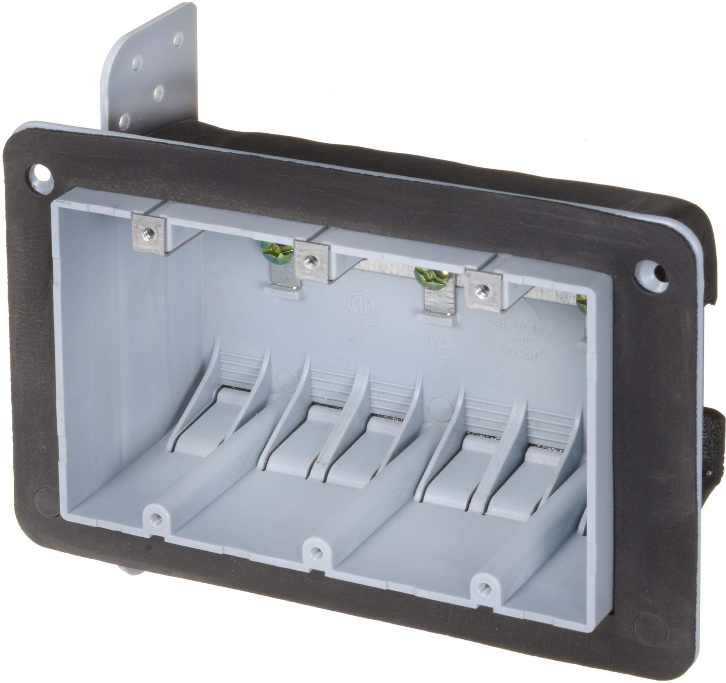 Vista 3-Gang Plastic Device Box with Vapour Barrier Front_Angled_Left