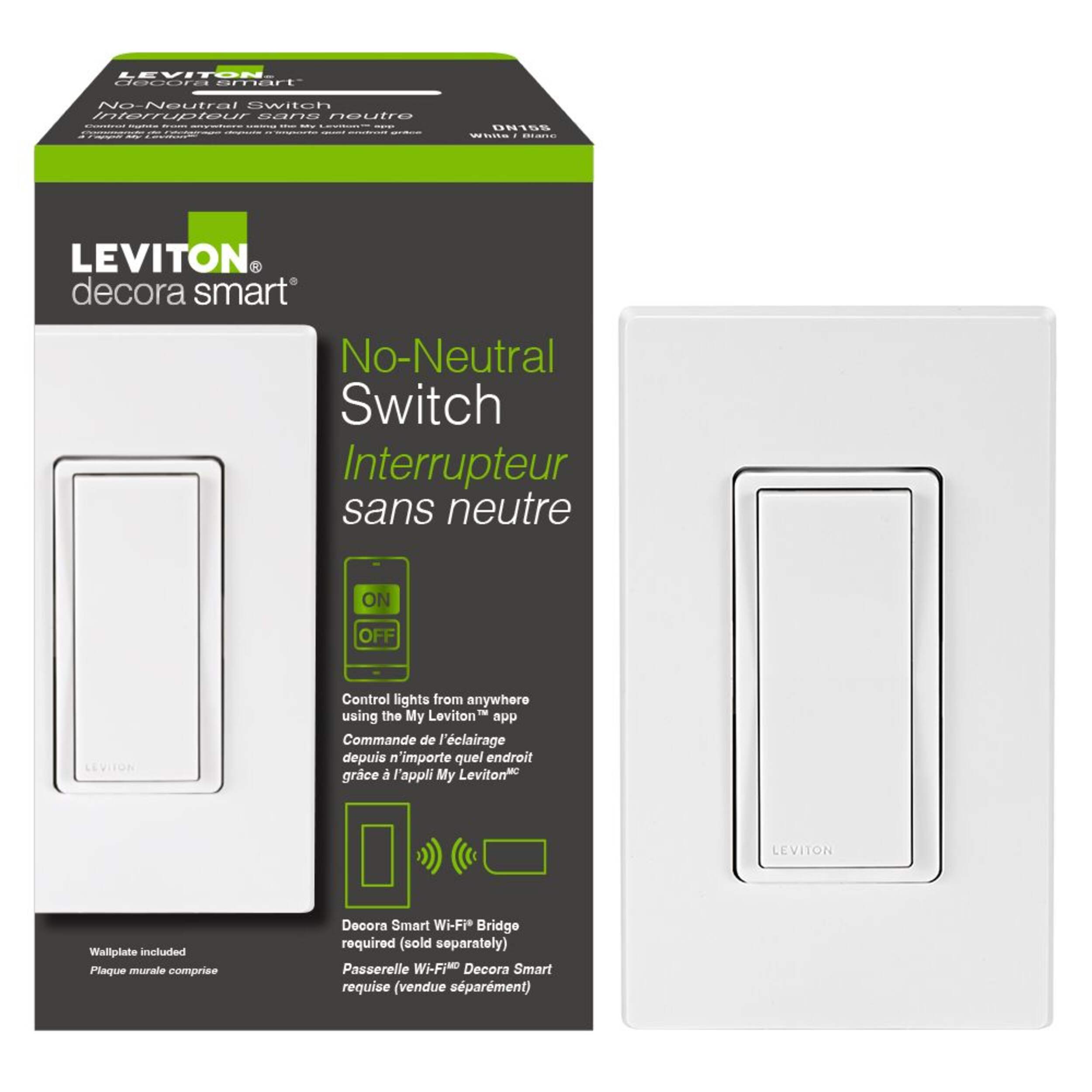 Leviton Decora Smart No-Neutral 15A Switch Front_Elevated