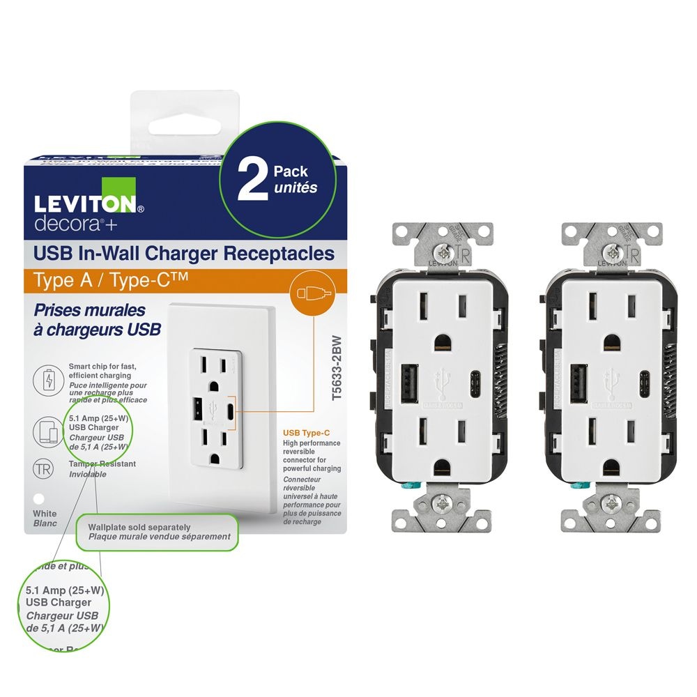 Leviton USB TypeA/TypeC 15A Receptacle, 2pk Canadian Tire