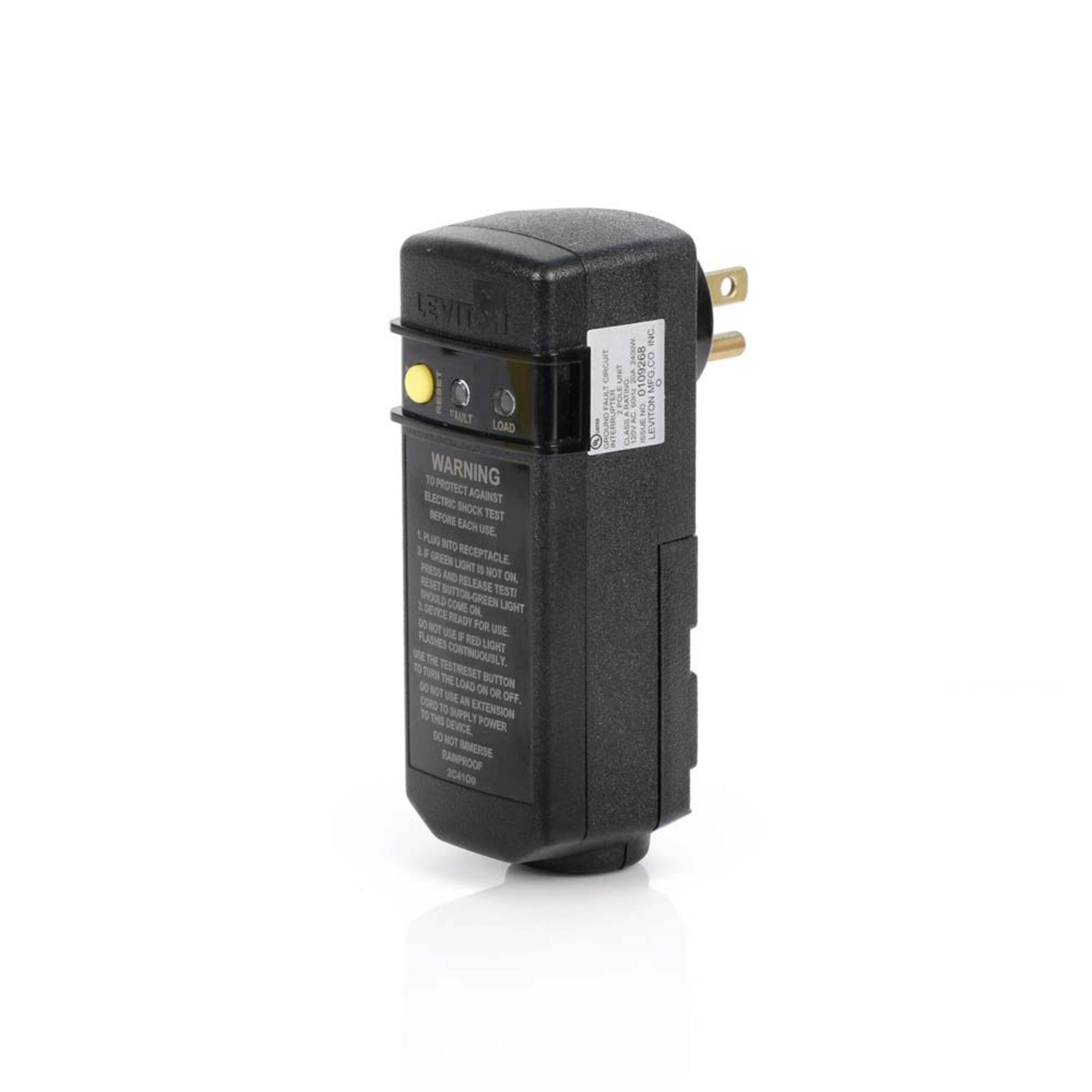 Leviton Reset Right Angle GFCI Plug (5-15P) Front_Three_Fourths_Angled_Left