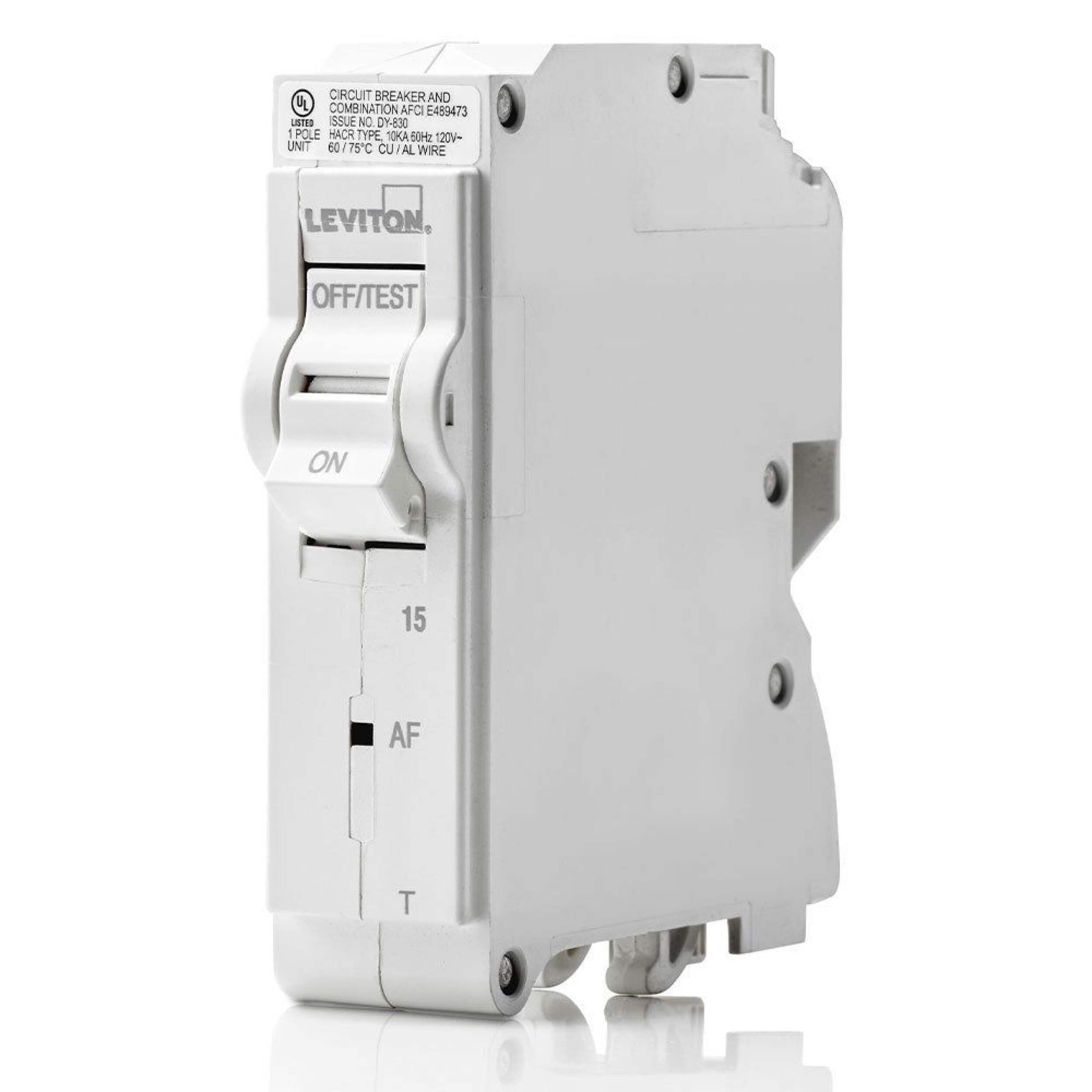Leviton 15A 1-Pole AFCI Breaker Front_Angled_Left