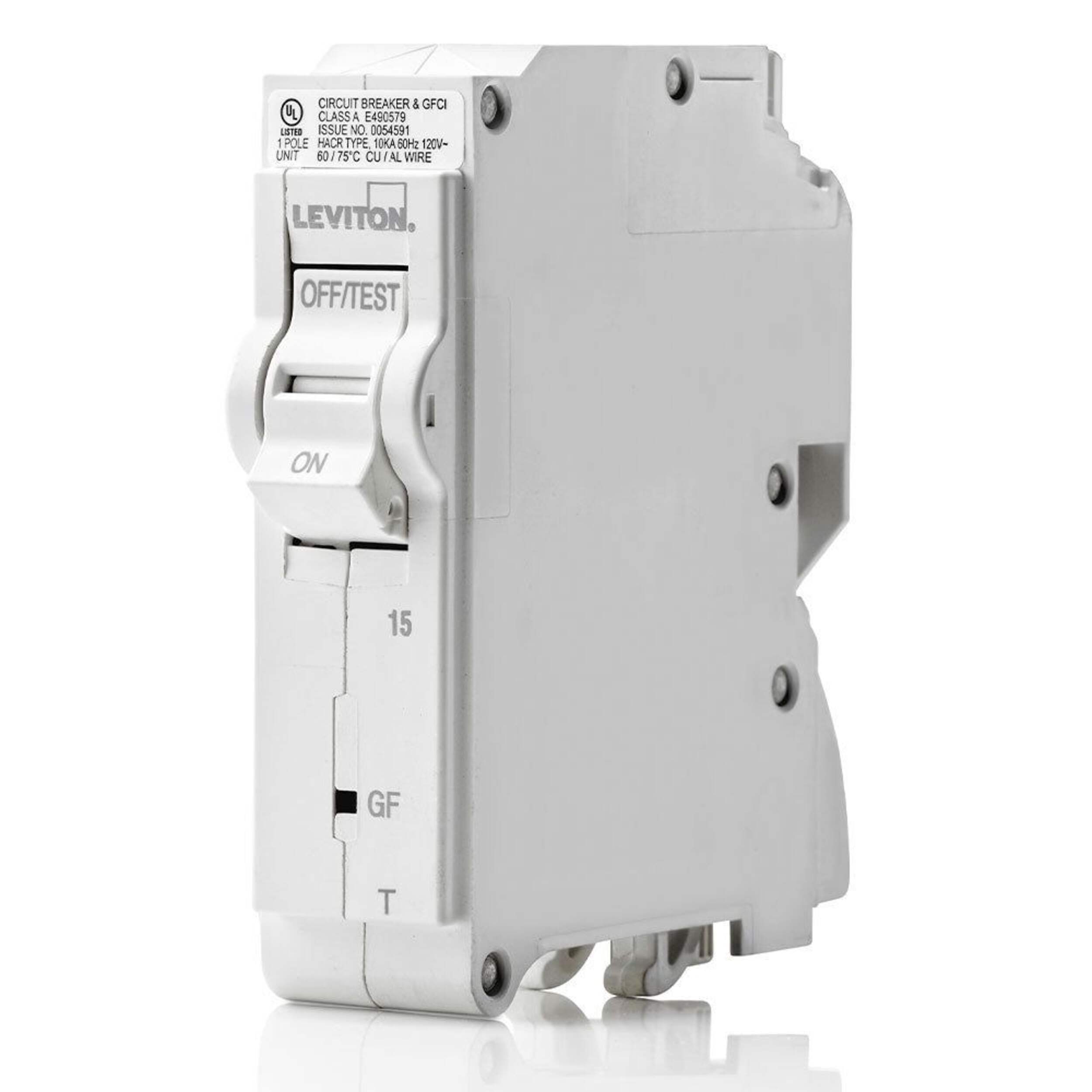 Leviton 15A 1-Pole GFCI Breaker Front_Angled_Left