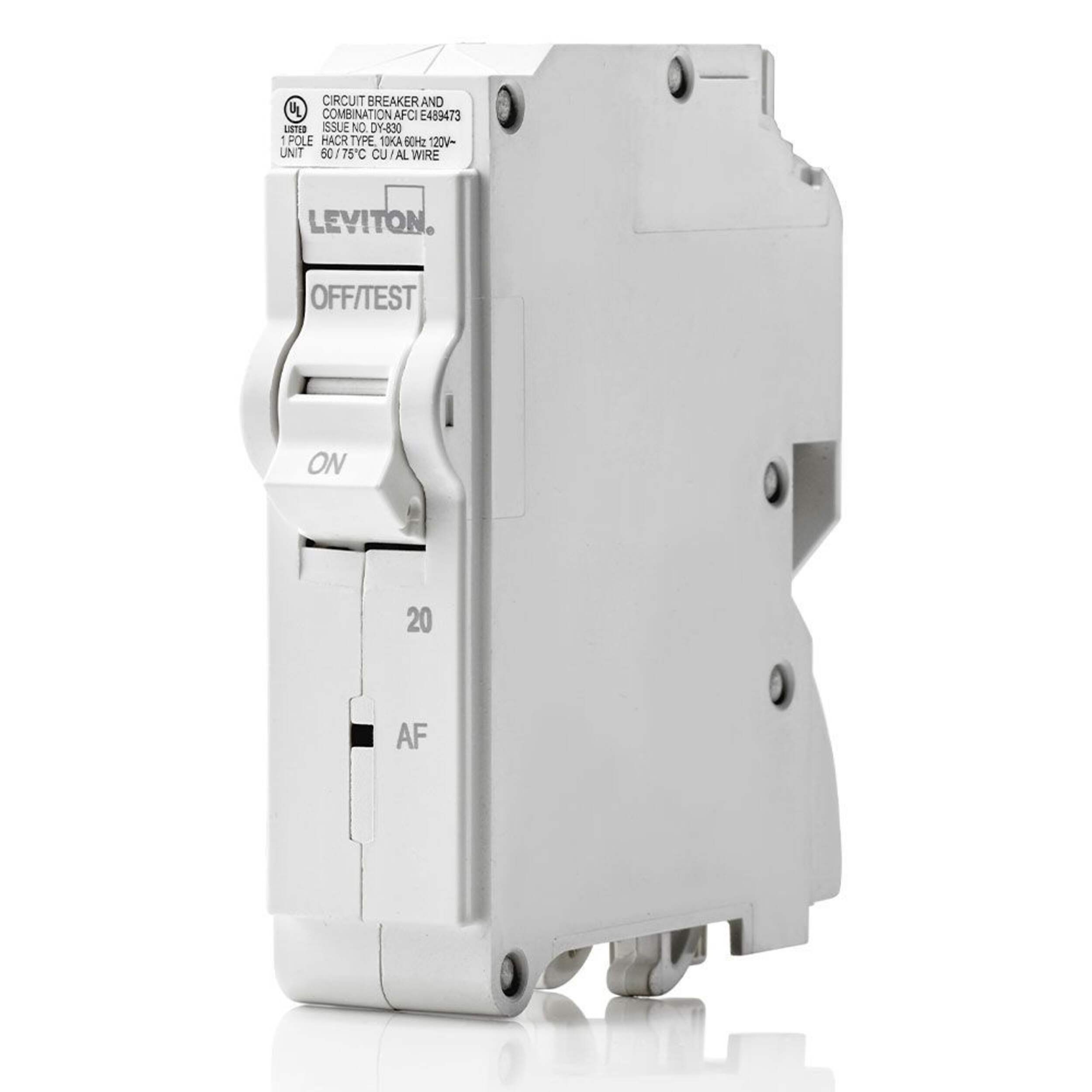 Leviton 20A 1-Pole AFCI Breaker Front_Angled_Left