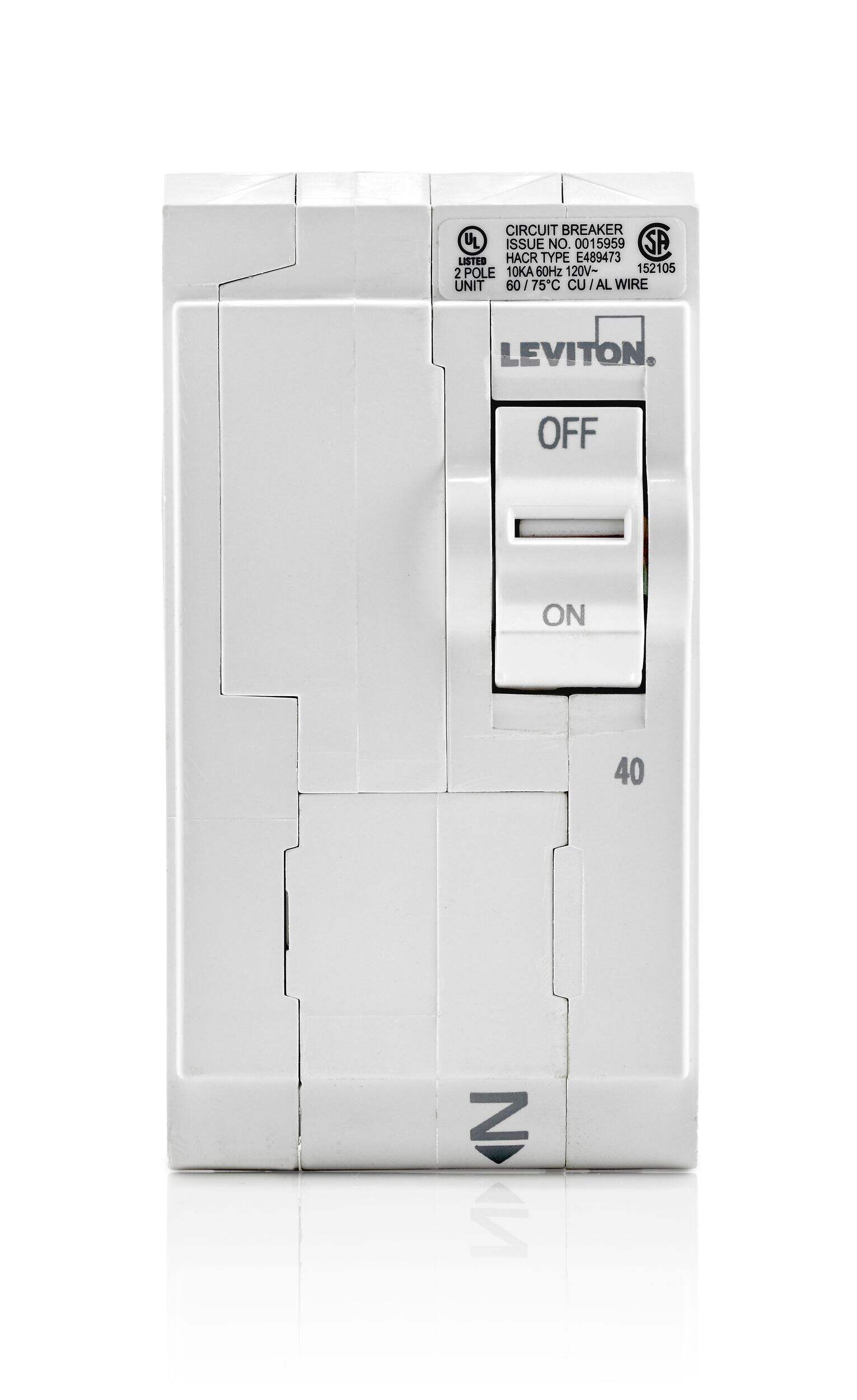 Leviton 40A 2-Pole Breaker Front_Elevated
