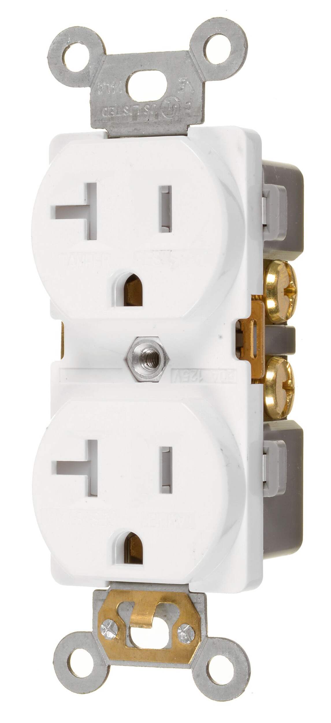 Vista 20A Tamper Resistant Duplex Outlet, White Front_Angled_Left