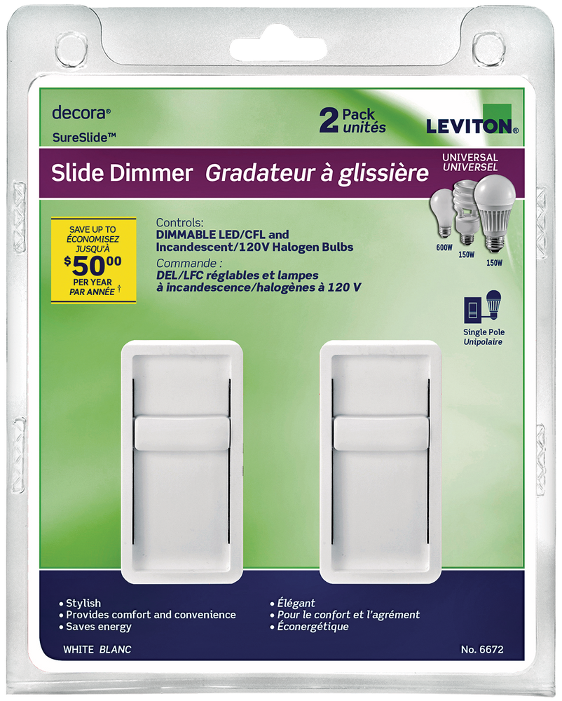 Leviton 06672756 Decora SureSlide Universal Slide Dimmer, 600W