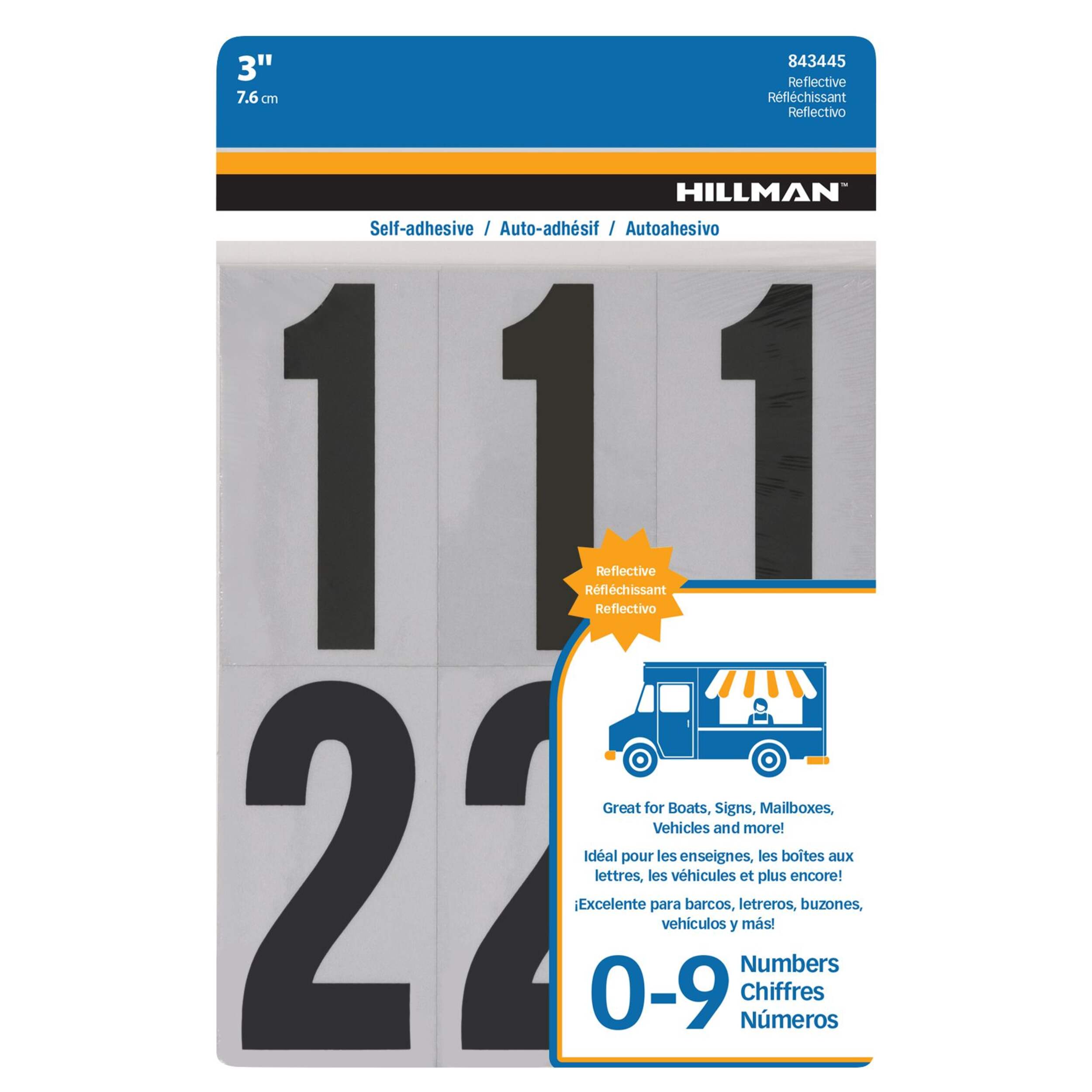 Hillman Adhesive House Number Pack, Reflective,  Black & Silver, 3-in Front_Flat