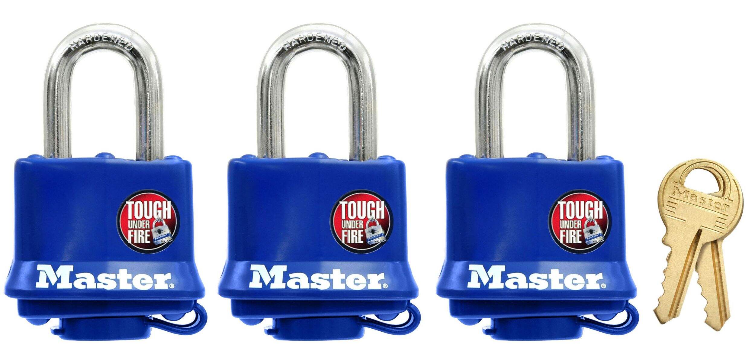 Master Lock 40mm-Wide Covered Laminated Steel Keyed Padlocks with 27mm Shackles, Blue, 3-pk Front_Flat