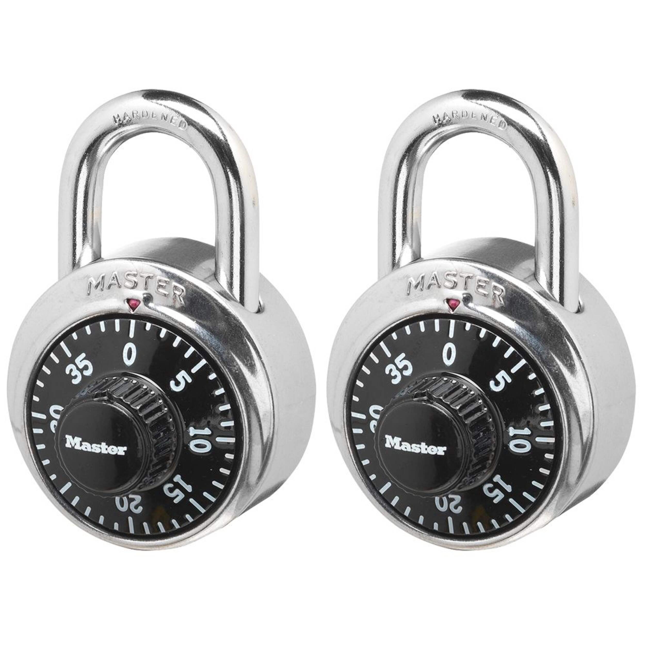 Master Lock 48mm-Wide Preset Numeric-Combination Dial Padlocks, Silver, 2-pk Front_Three_Fourths_Angled_Left