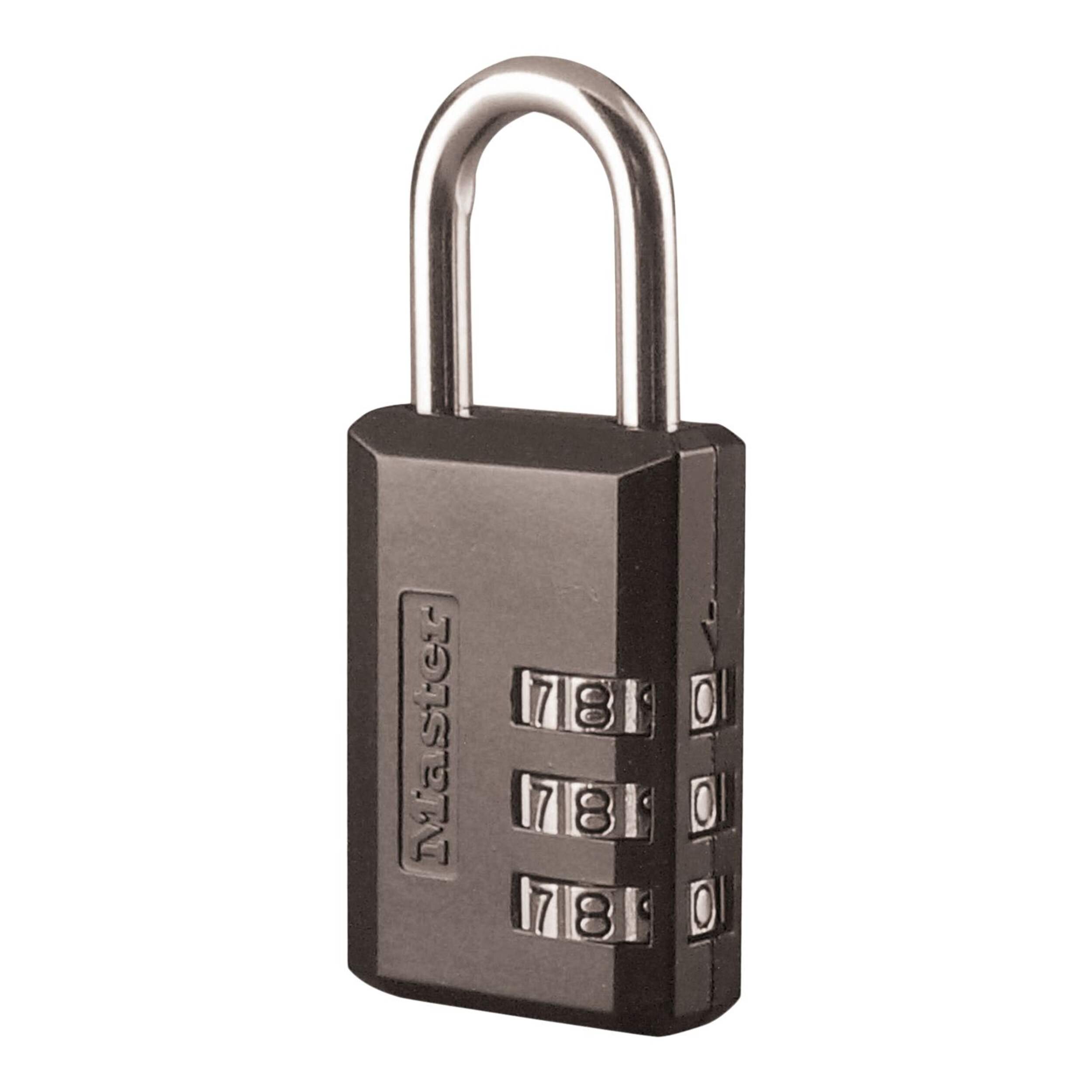 Master Lock 30-mm-Wide Resettable Numeric-Combination 3-Dial Padlock, Black Front_Three_Fourths_Angled_Left