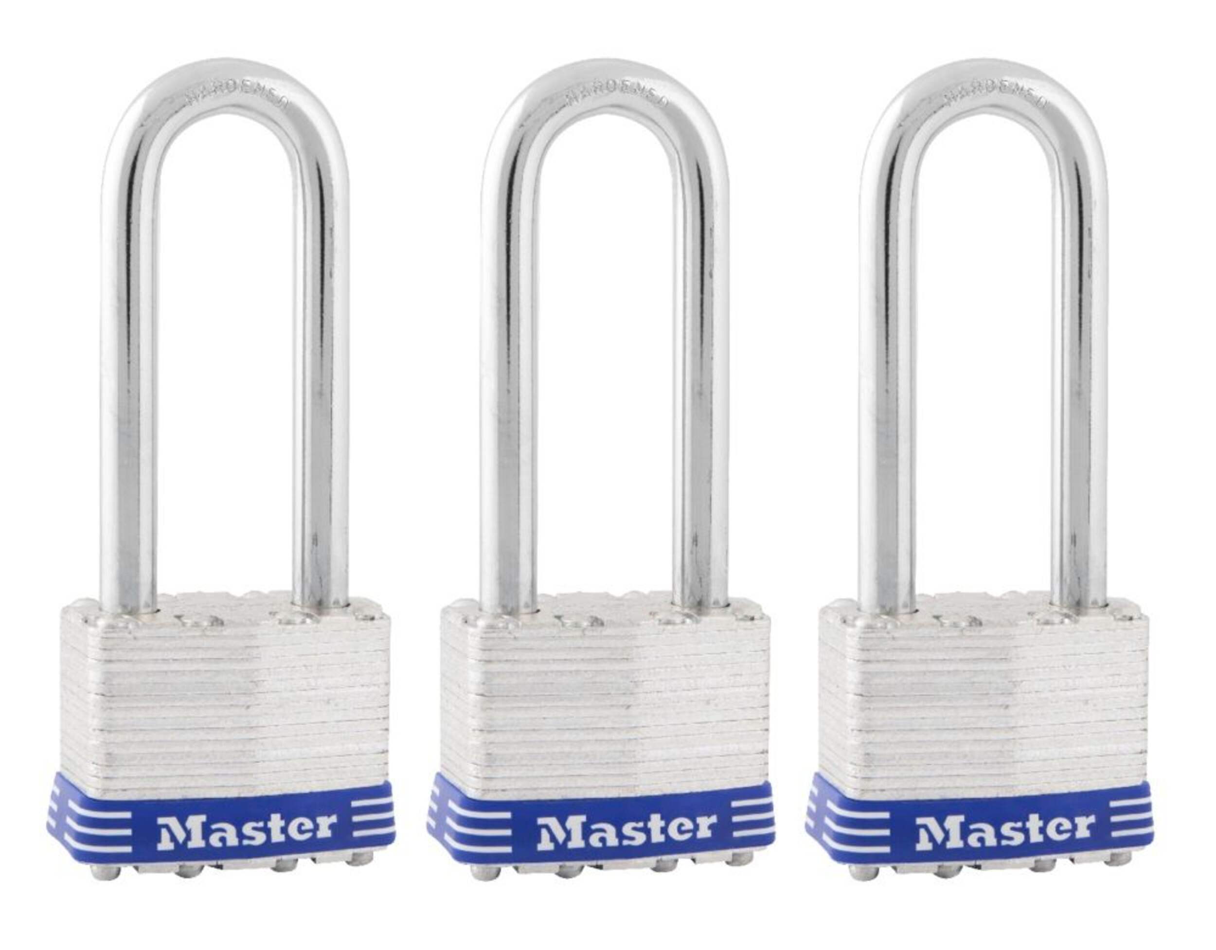 Master Lock 44mm Wide Laminated Steel Keyed Padlock with 64mm Shackle, Silver, 3-pk Front_Three_Fourths_Angled_Right