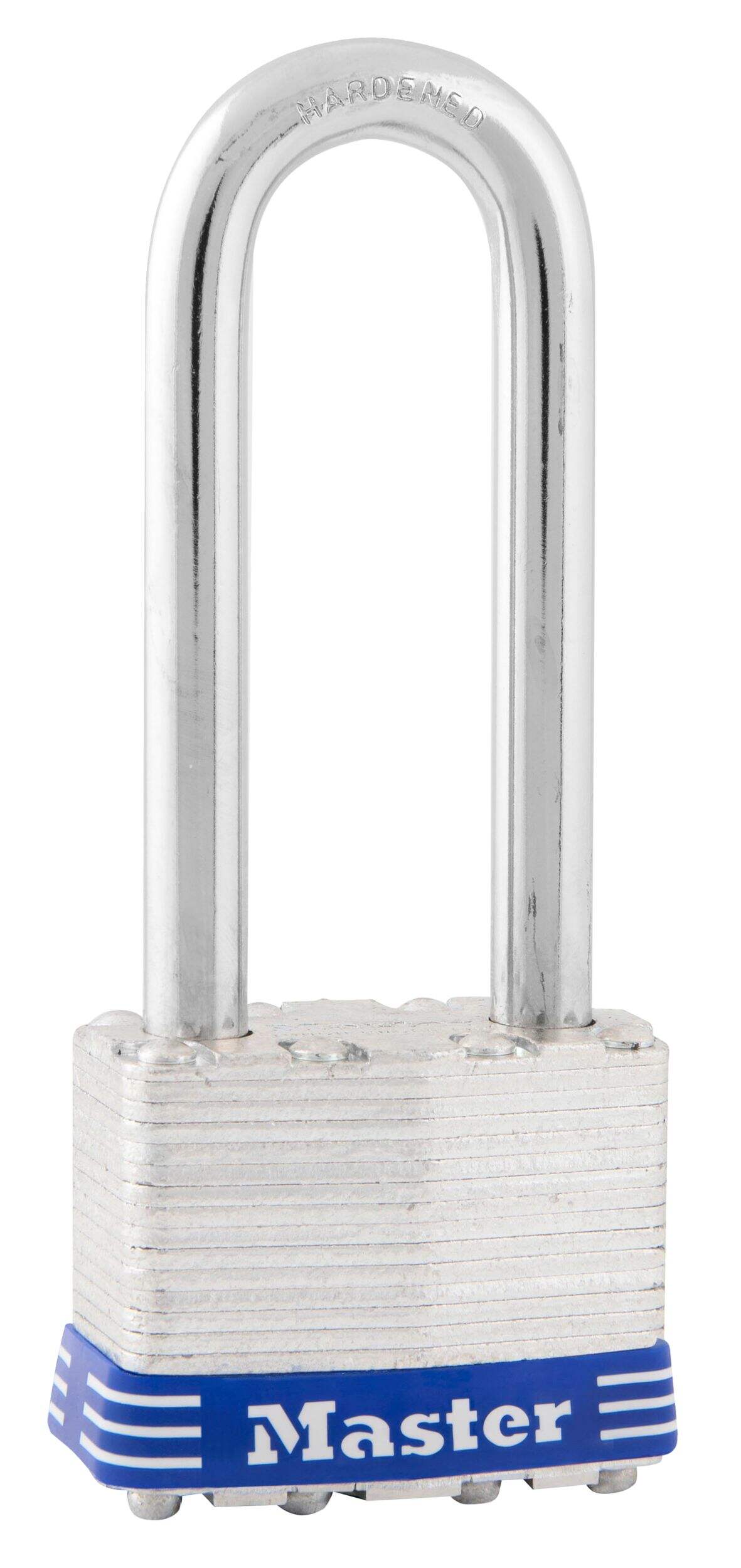 Master Lock 44mm-Wide Laminated Steel Keyed Padlock with 64mm Shackles, Silver Front_Three_Fourths_Angled_Right