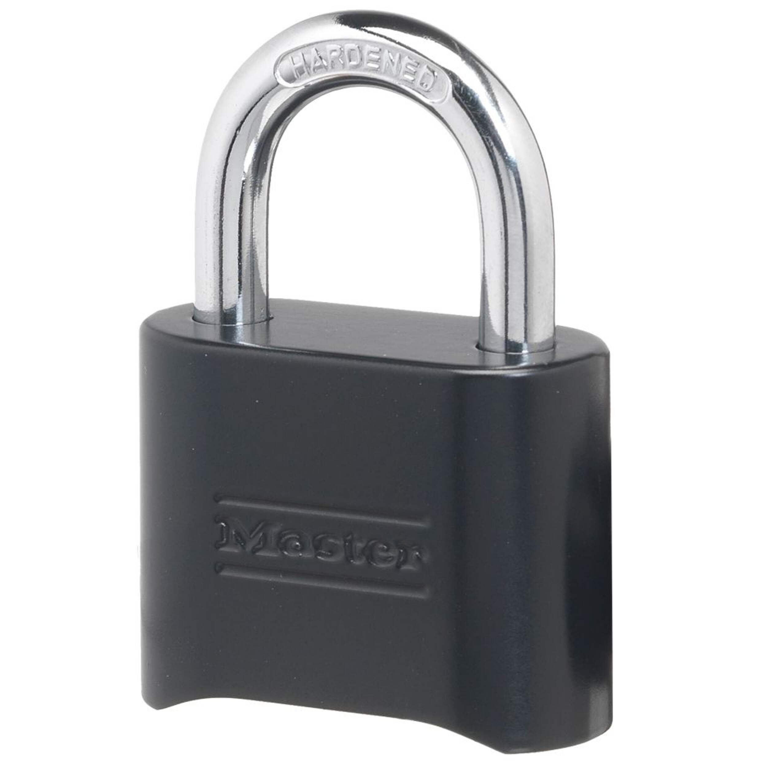 Master Lock 51mm-Wide Resettable Numeric-Combination 4-Dial Solid Body Padlock with 25mm Shackles, Black Front_Three_Fourths_Angled_Left