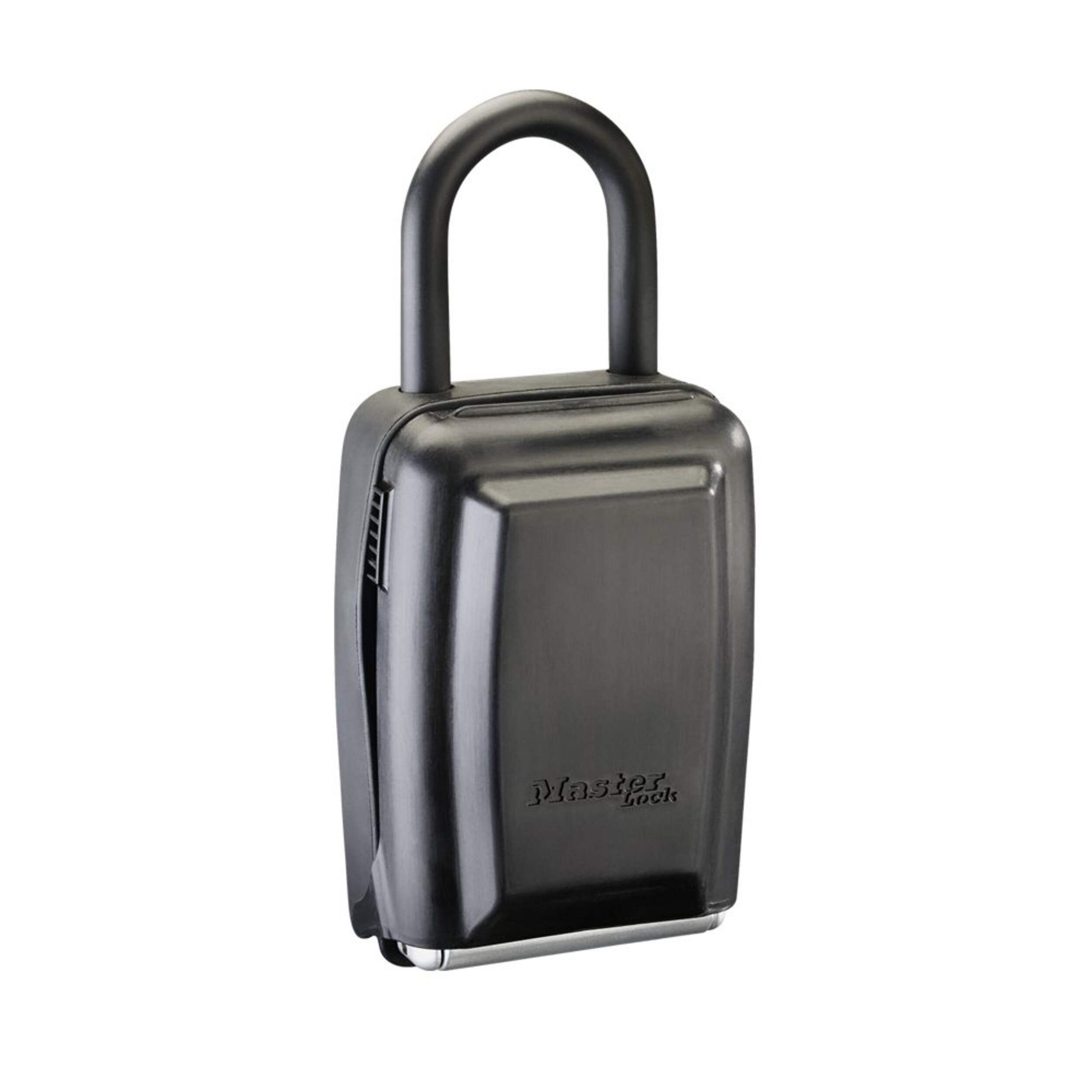 Master Lock 79mm-Wide Resettable Combination Portable Push Button Padlock Box, Silver/Black Front_Three_Fourths_Angled_Right