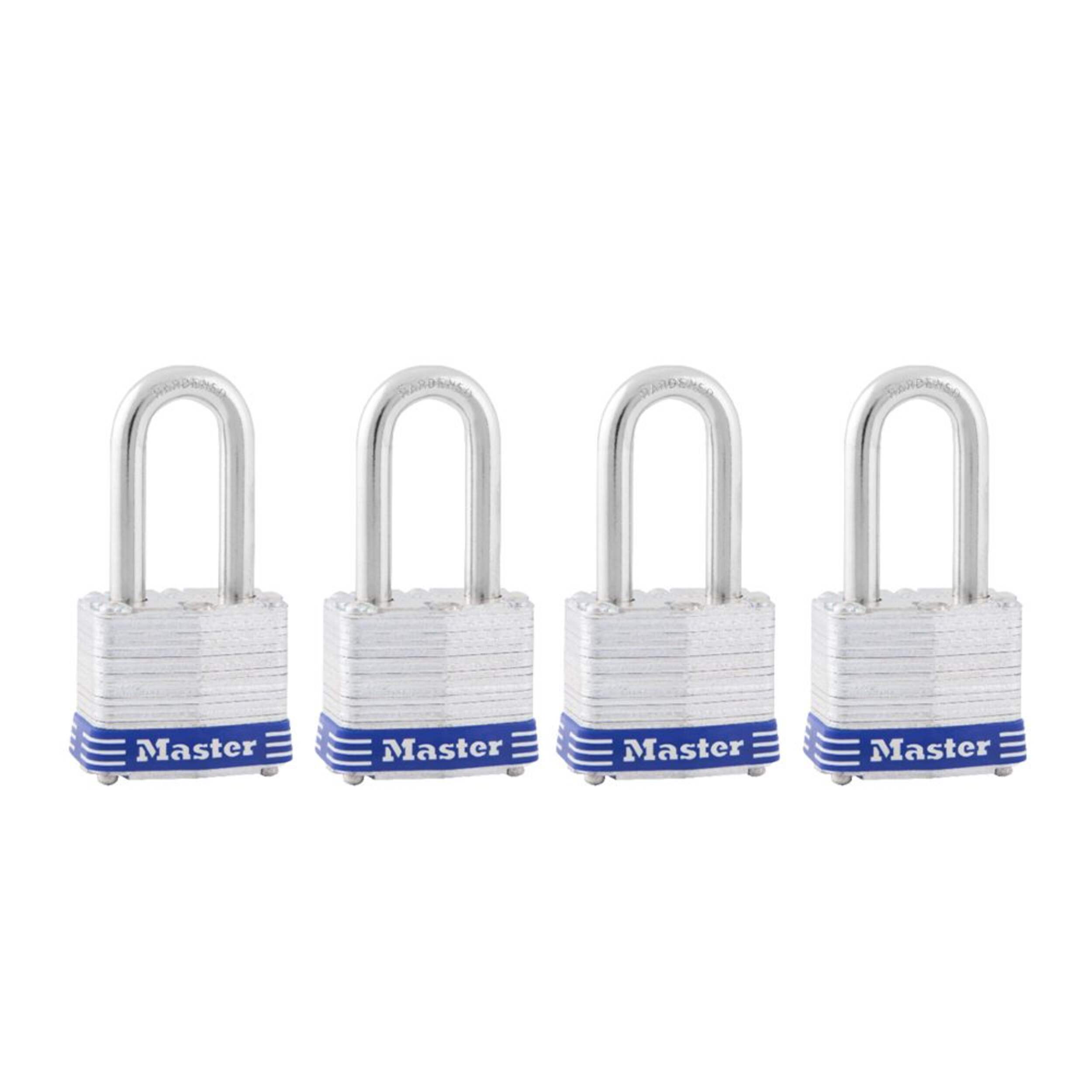 Cadenas à clé en acier laminé Master Lock, 40 mm de largeur, arceau de 38 mm, argent, paq. 4 Front_Angled_Right