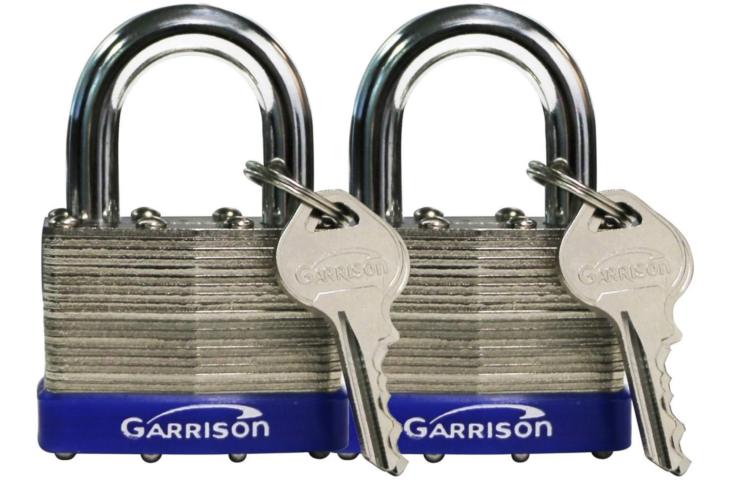Cadenas à clé en acier laminé Garrison, 40 mm de largeur, arceau de 22 mm, argent, paq. 2 Front_Flat