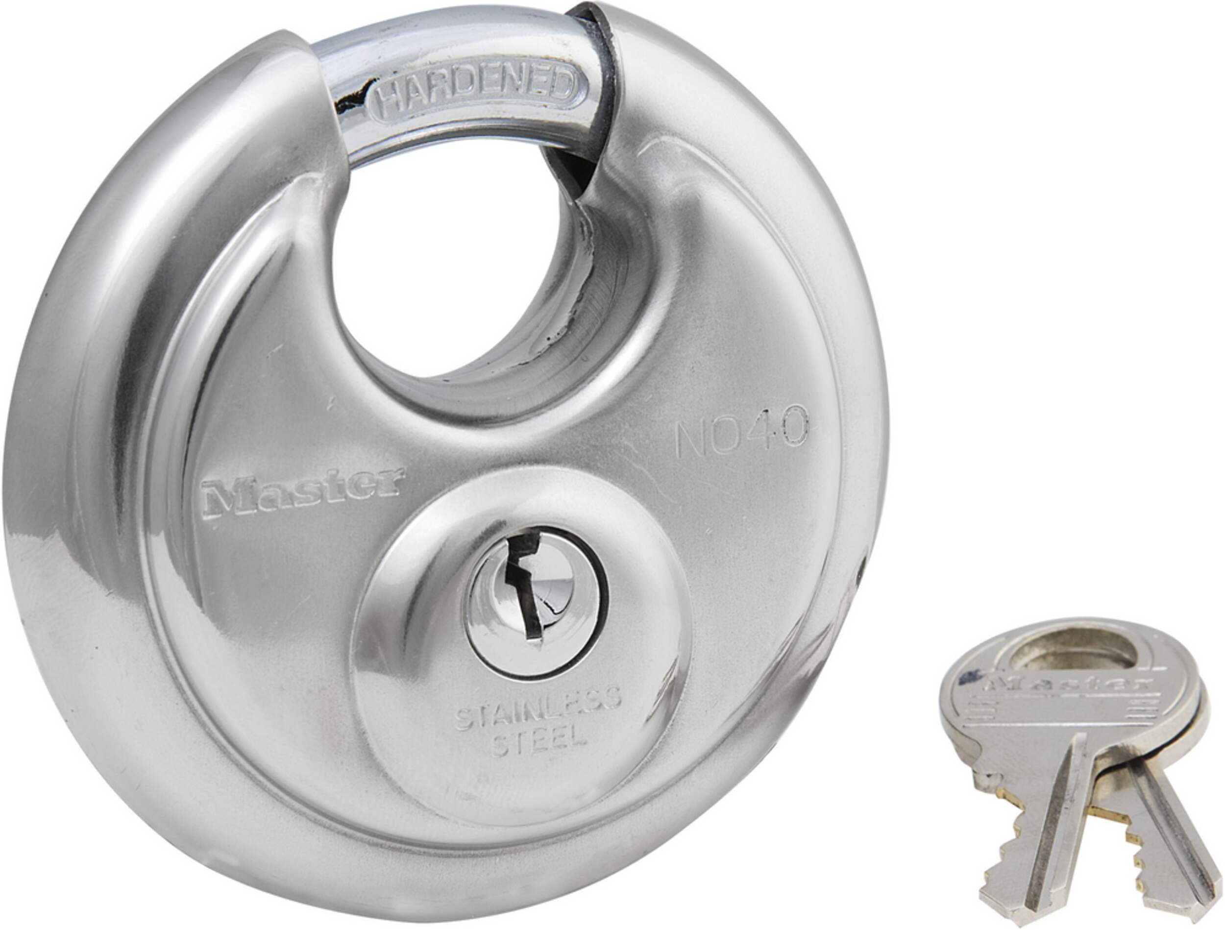 Master Lock 70mm-Wide Stainless Steel Keyed Discus Padlock with Shrouded Shackle, Silver Composite_or_Mixed