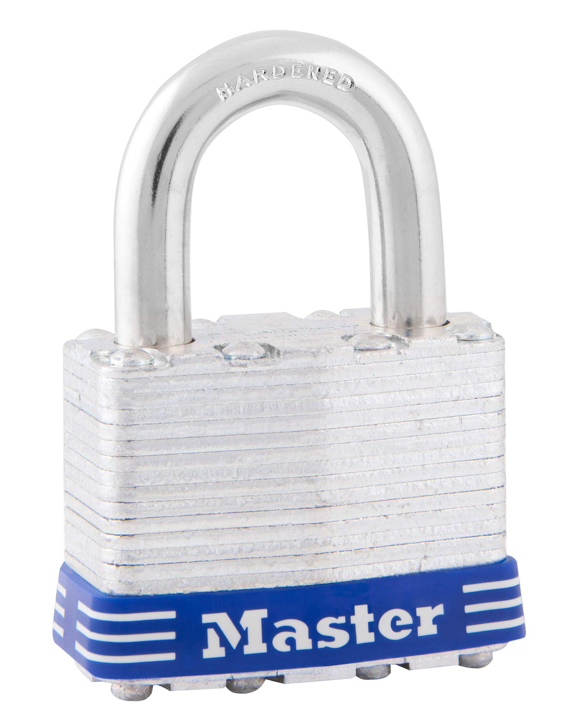 Master Lock 44mm-Wide Laminated Steel Keyed Padlock with 24mm Shackles, Silver Front_Three_Fourths_Angled_Right