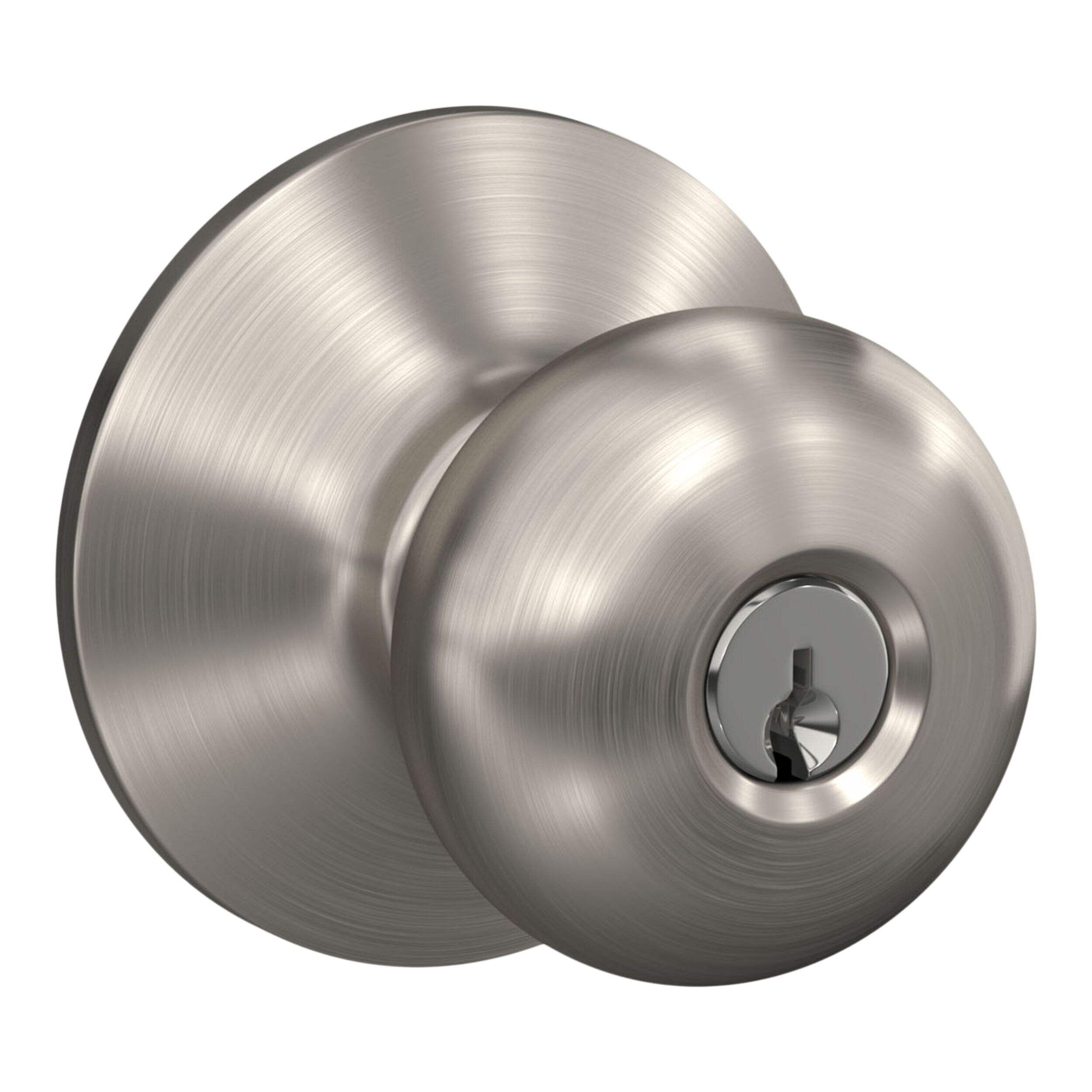 Poignée de porte d'entrée à clé Schlage Plymouth, nickel satiné Front_Angled_Right