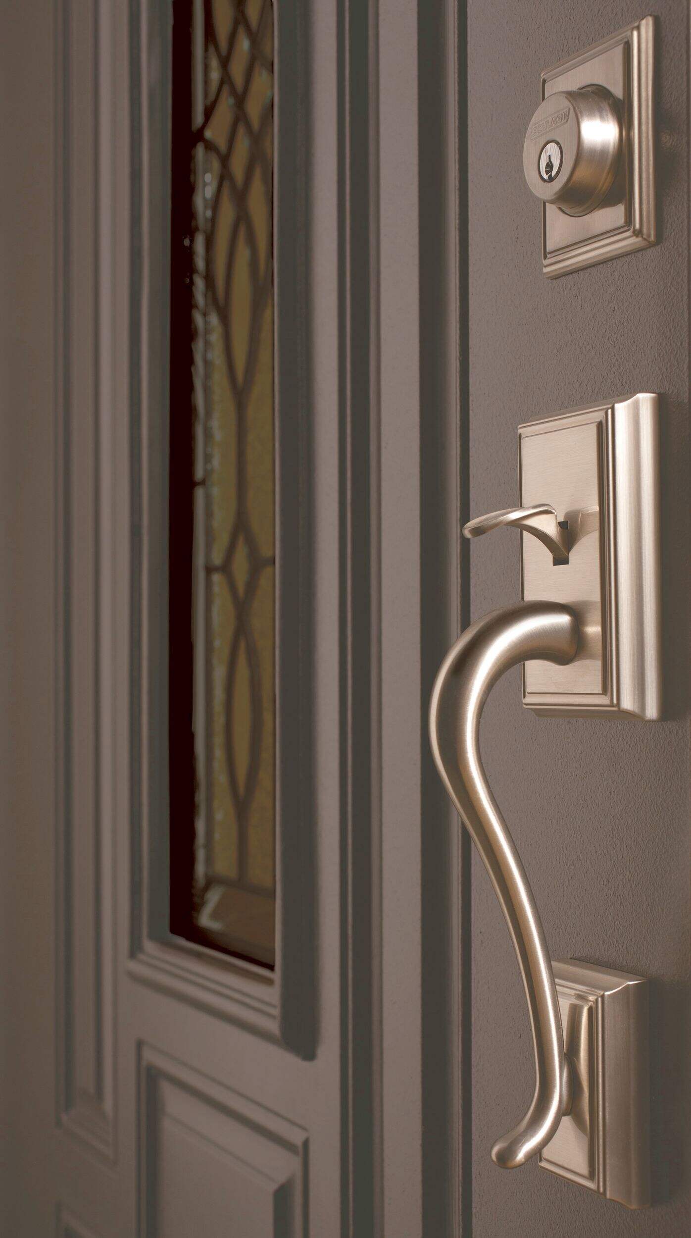 Schlage Addison Handleset with Accent Interior lever, Rated AAA Security, Satin Nickel