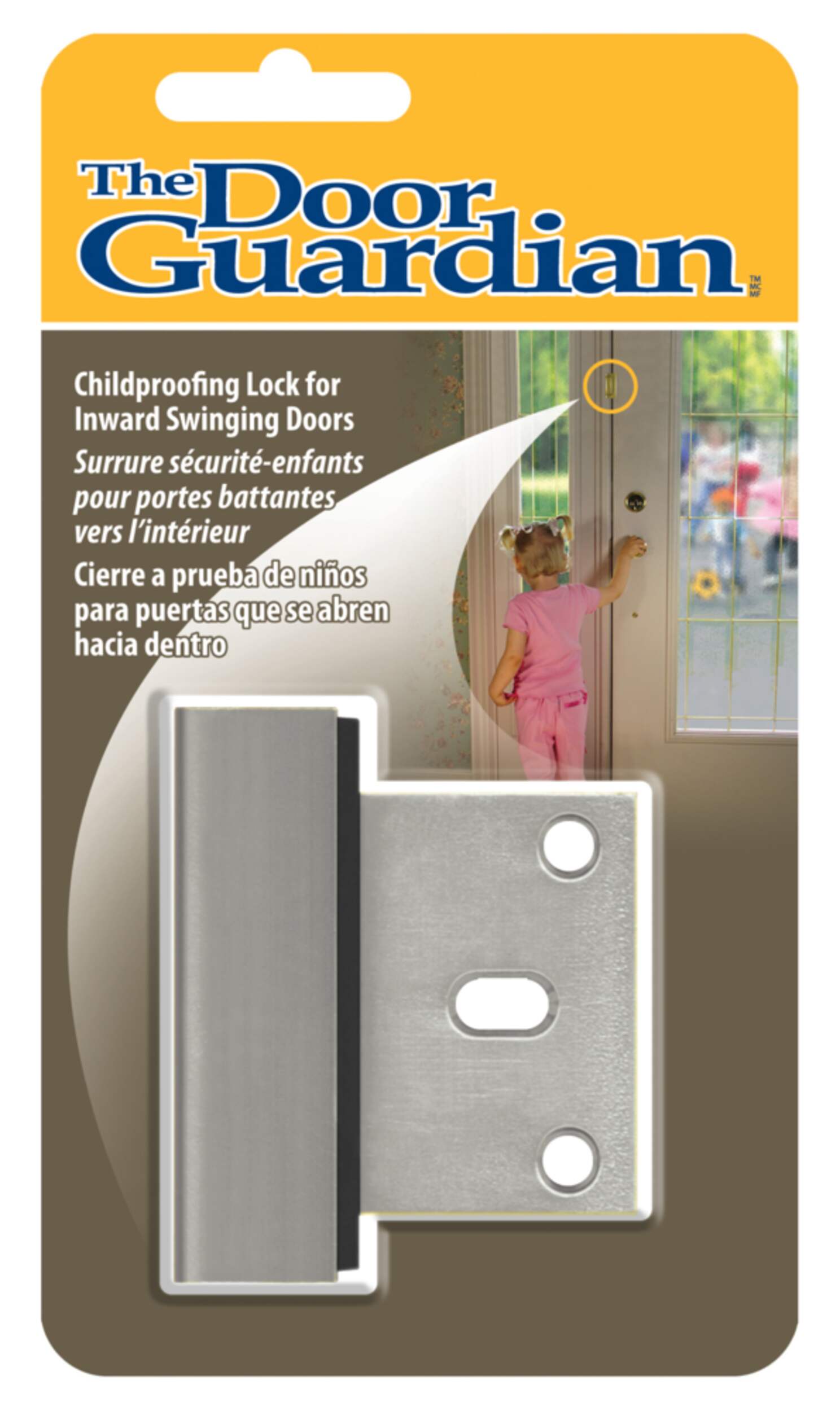 The Door Guardian Child Proof Lock for Inwards Swinging Door, Satin Chrome Front_Flat
