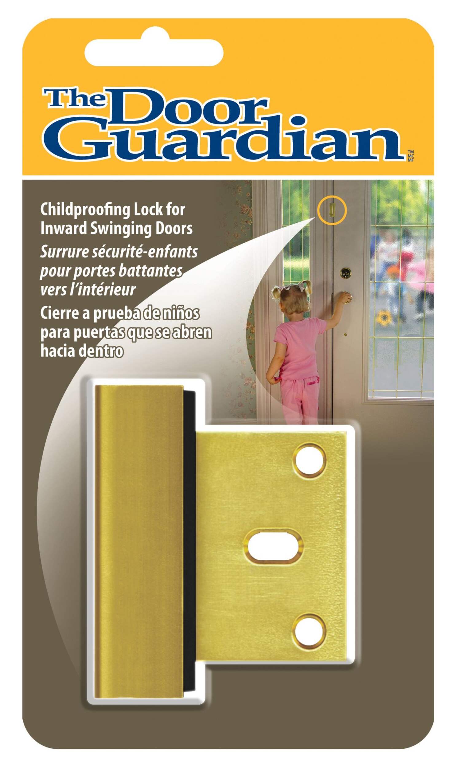 The Door Guardian Child Proof Lock for Inwards Swinging Door, Brass Front_Flat