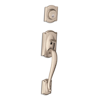 Schlage Camelot Handleset with Accent Interior Lever, Rated AAA Security, Satin Nickel Front_Three_Fourths_Angled_Right