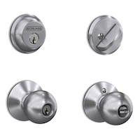 Schlage Deadbolt and Orbit Keyed Entry Door Knob Combo, Lifetime Warranty, Satin Chrome Front_Three_Fourths_Angled_Right