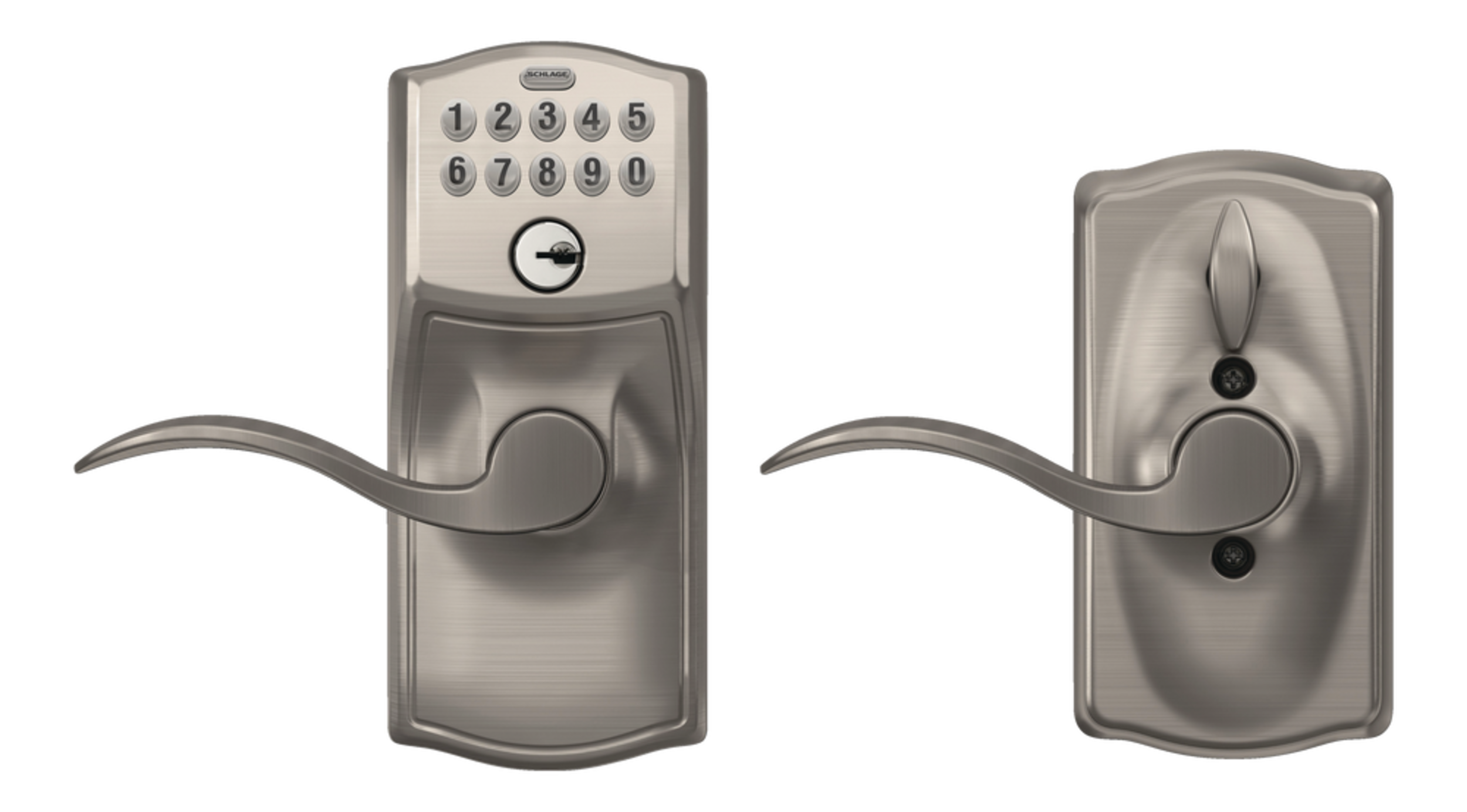 Clavier électronique Schlage Camelot avec levier Accent, Cote de sécurité AAA, nickel satiné Front_Flat