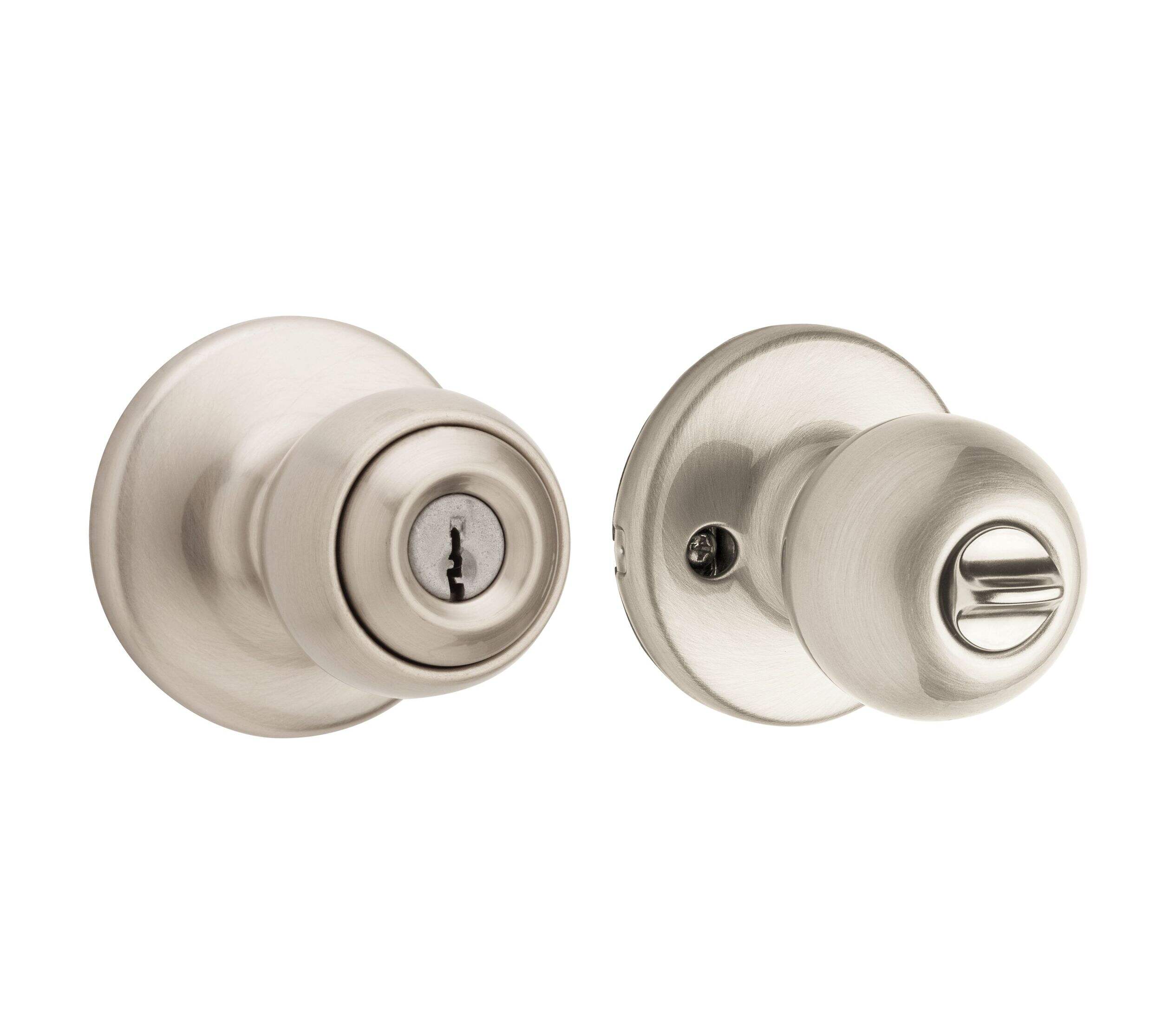 Weiser Yukon Keyed Locking Front Door Knob with SmartKey, Satin Nickel Front_Angled_Right