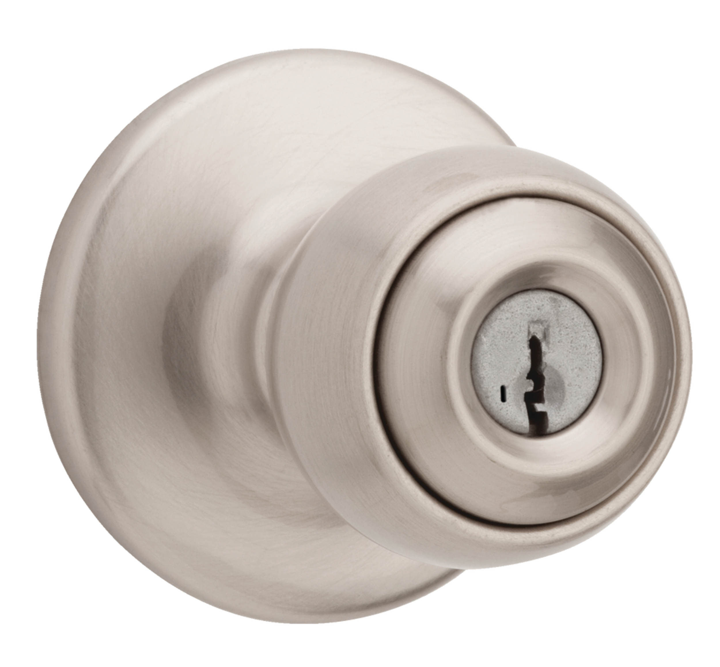 Poignée de porte avant Weiser Yukon à verrouillage à clé dotée de la technologie SmartKey, nickel satiné Front_Angled_Right