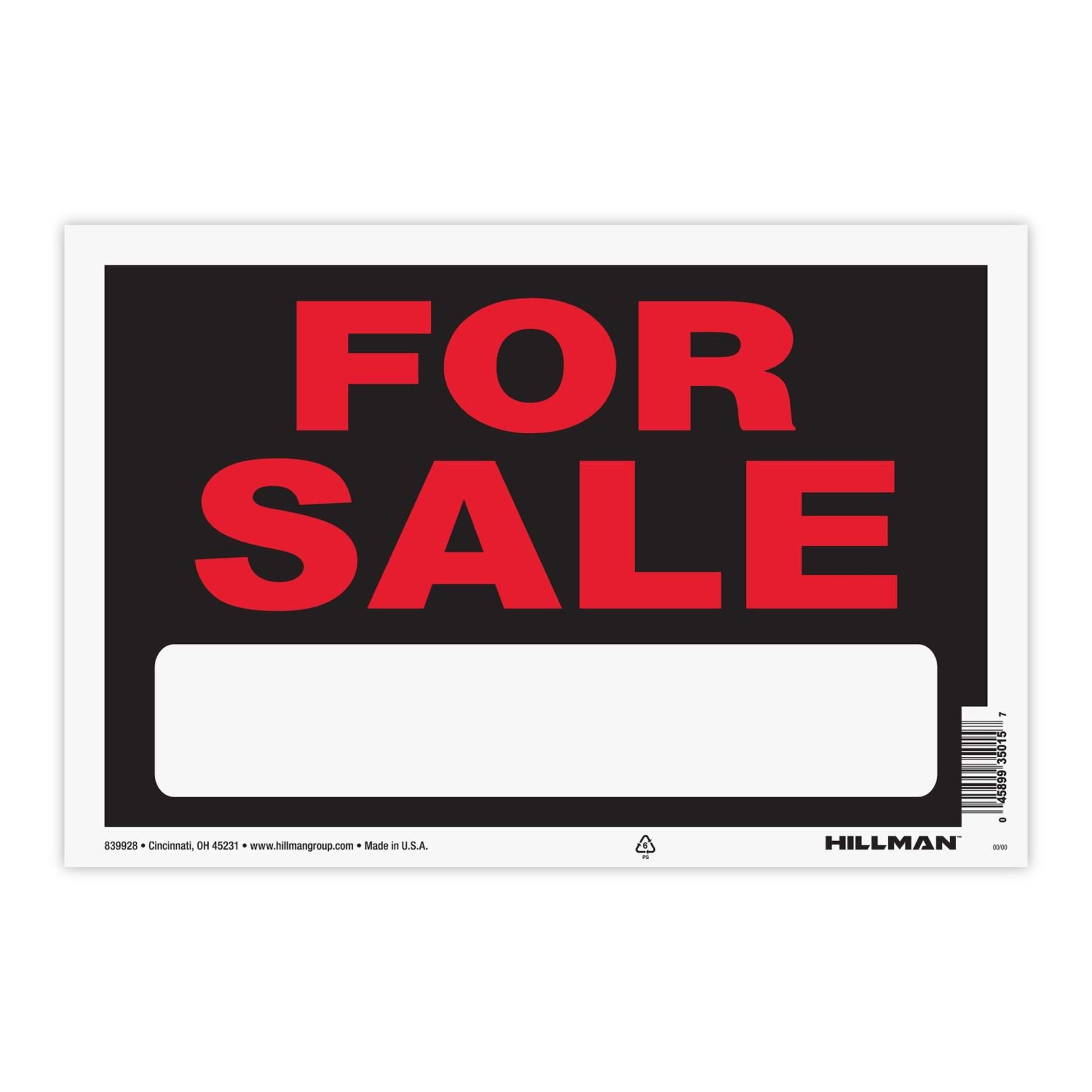 Hillman Self-Adhesive For Sale Sign, 9 x 12-in, Black/Red/White Front_Flat