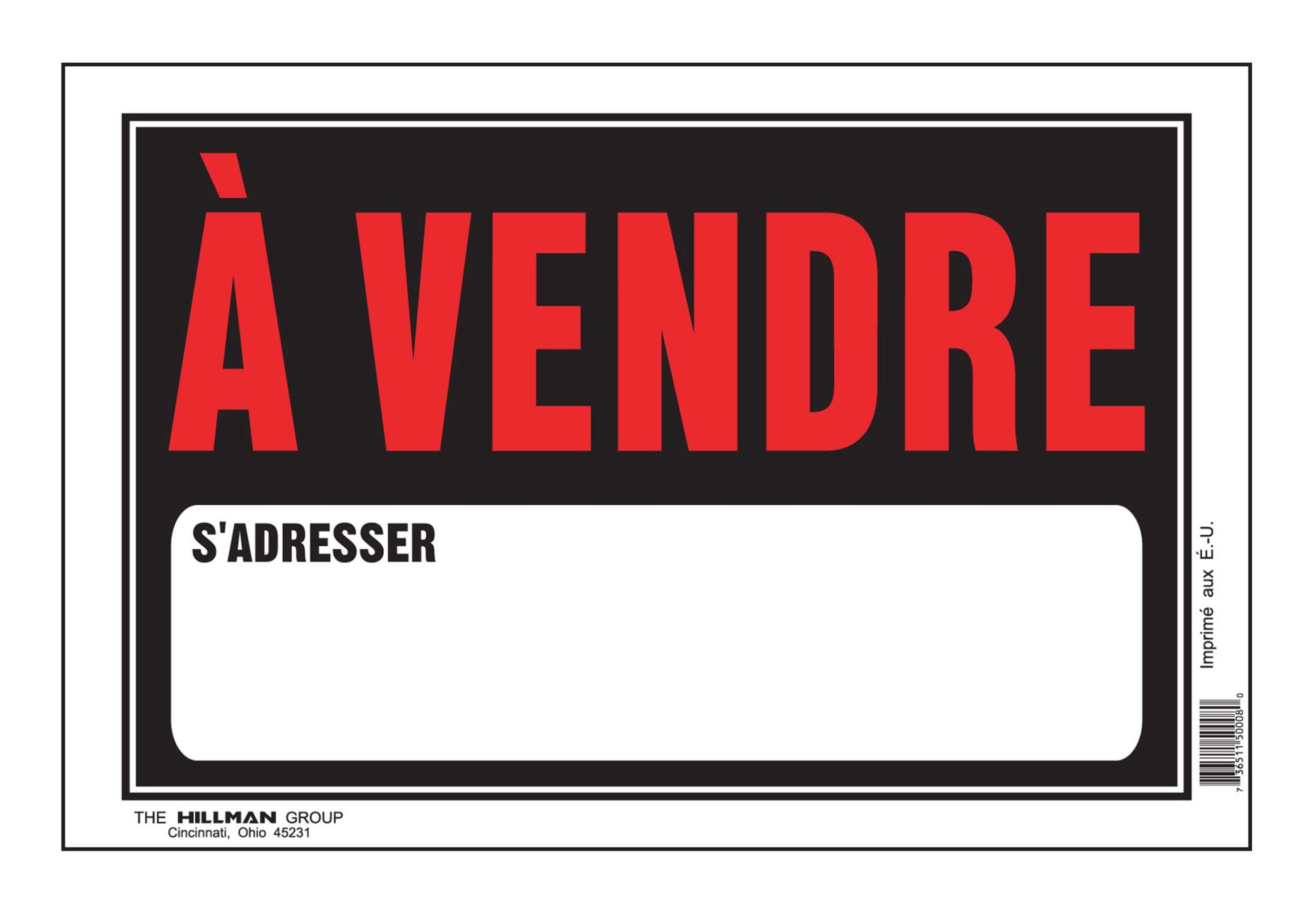Affiche À vendre auto-adhésive Hillman, français, 8 x 12 po, noir/rouge/blanc Front_Flat