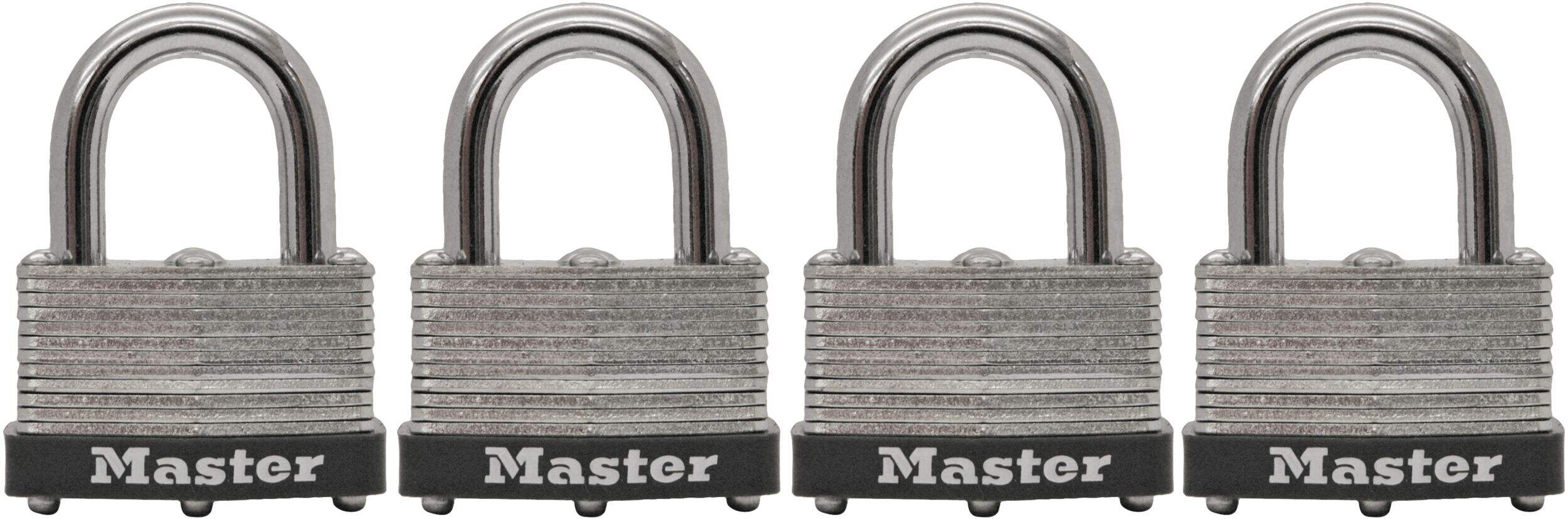 Master Lock 38 mm Wide Laminated Steel Keyed Warded Padlocks with 25 mm Shackles, Silver, 4-pk Front_Flat