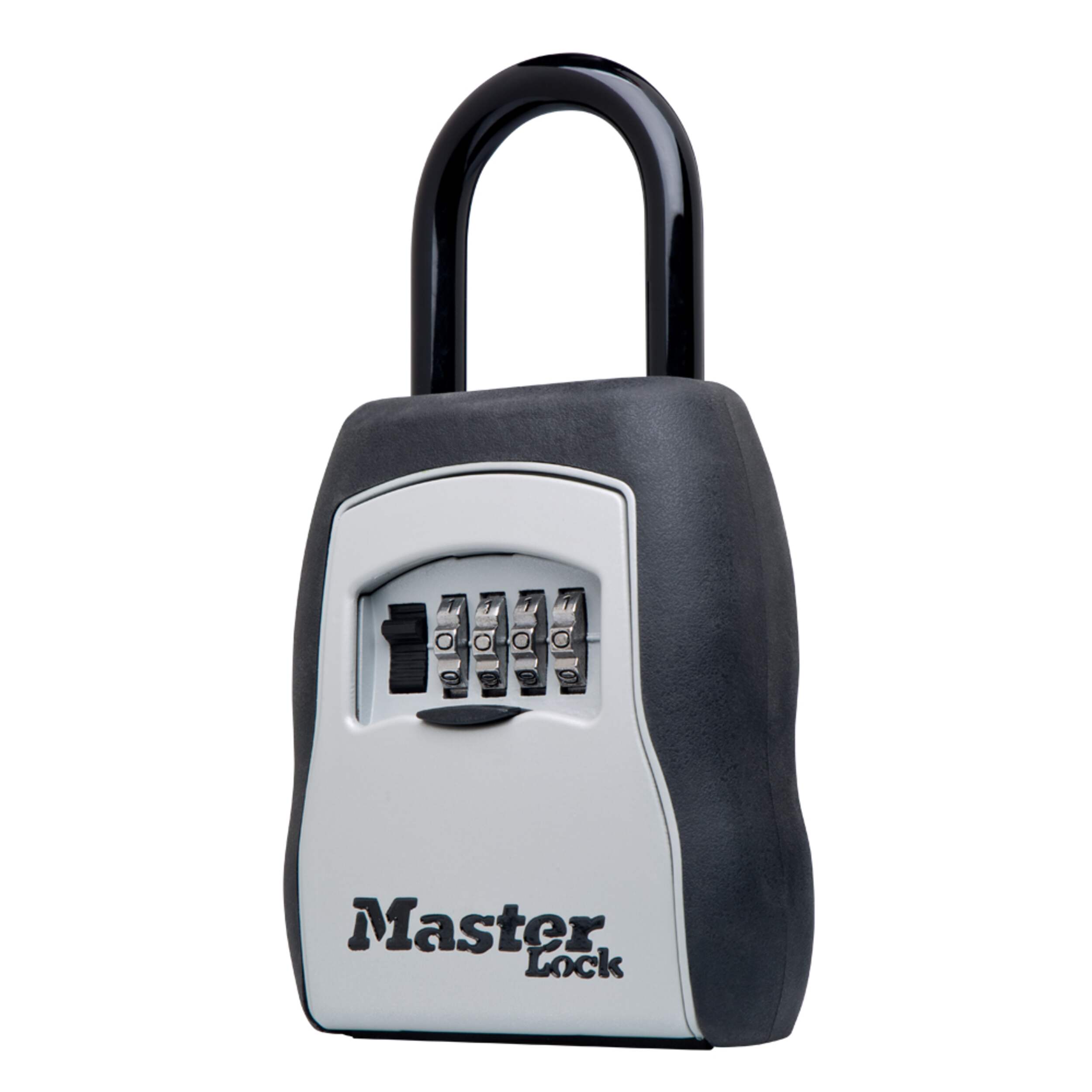 Master Lock 83 mm Wide Resettable Numeric Combination 4-Dial Portable Padlock Box, Silver/Black Front_Three_Fourths_Angled_Left