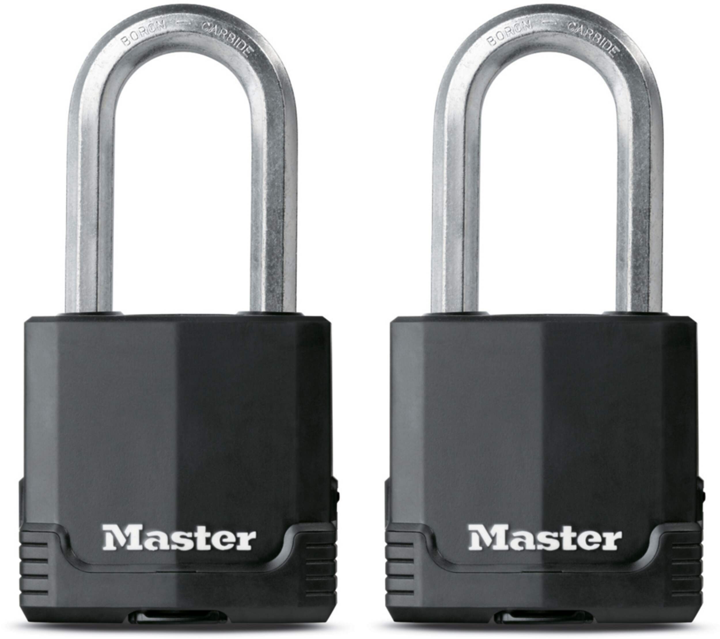 Master Lock 54 mm Wide Laminated Magnum Covered Steel Keyed Padlocks with 51 mm Shackles, Black, 2-pk Front_Flat