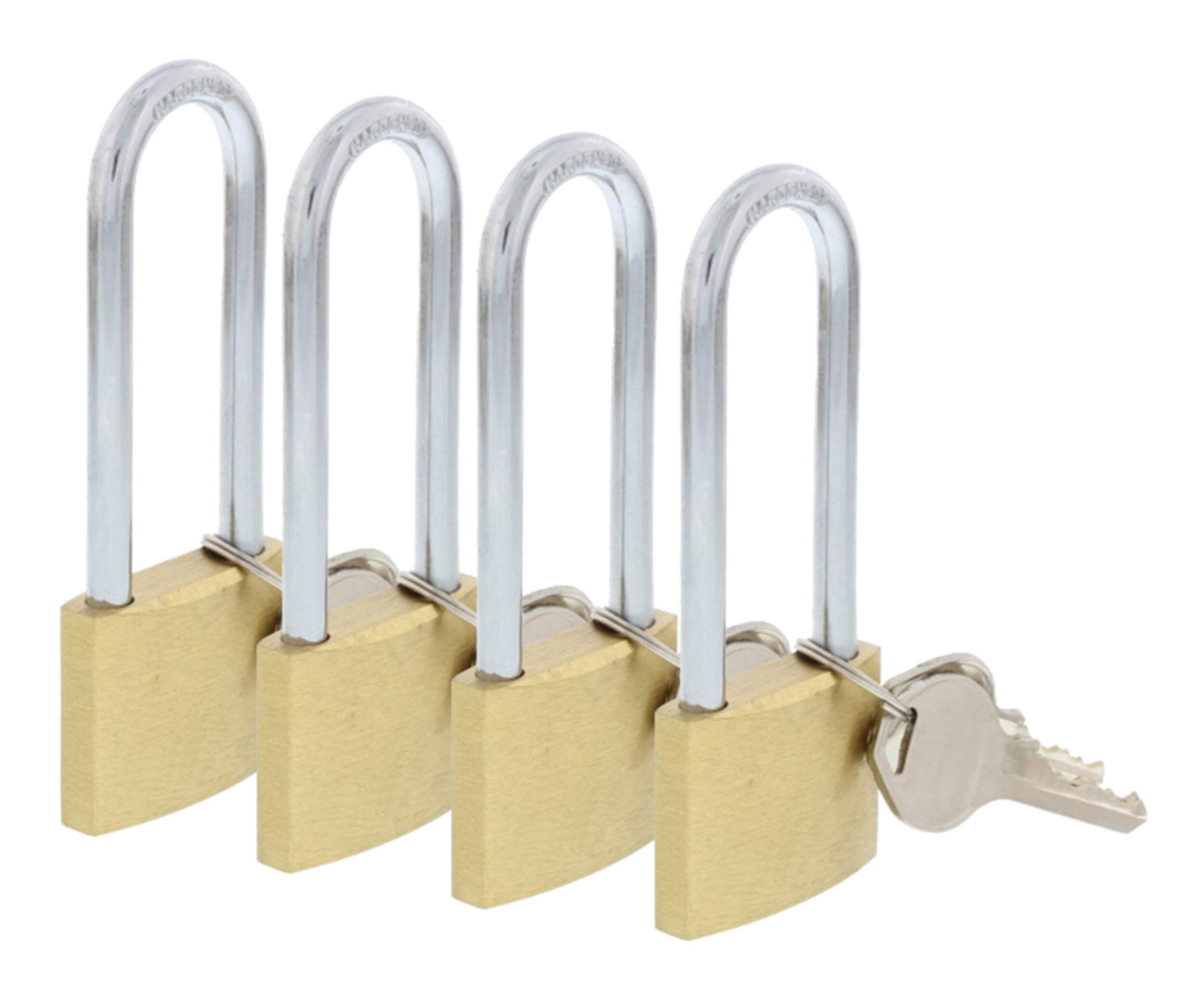 Garrison Guard 40mm-Wide Keyed Padlocks, Brass, 4-pk Front_Angled_Right
