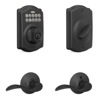 Schlage Camelot Electronic Keypad Deadbolt with Accent Passage Door Lever Combo, Matte Black Front_Three_Fourths_Angled_Right