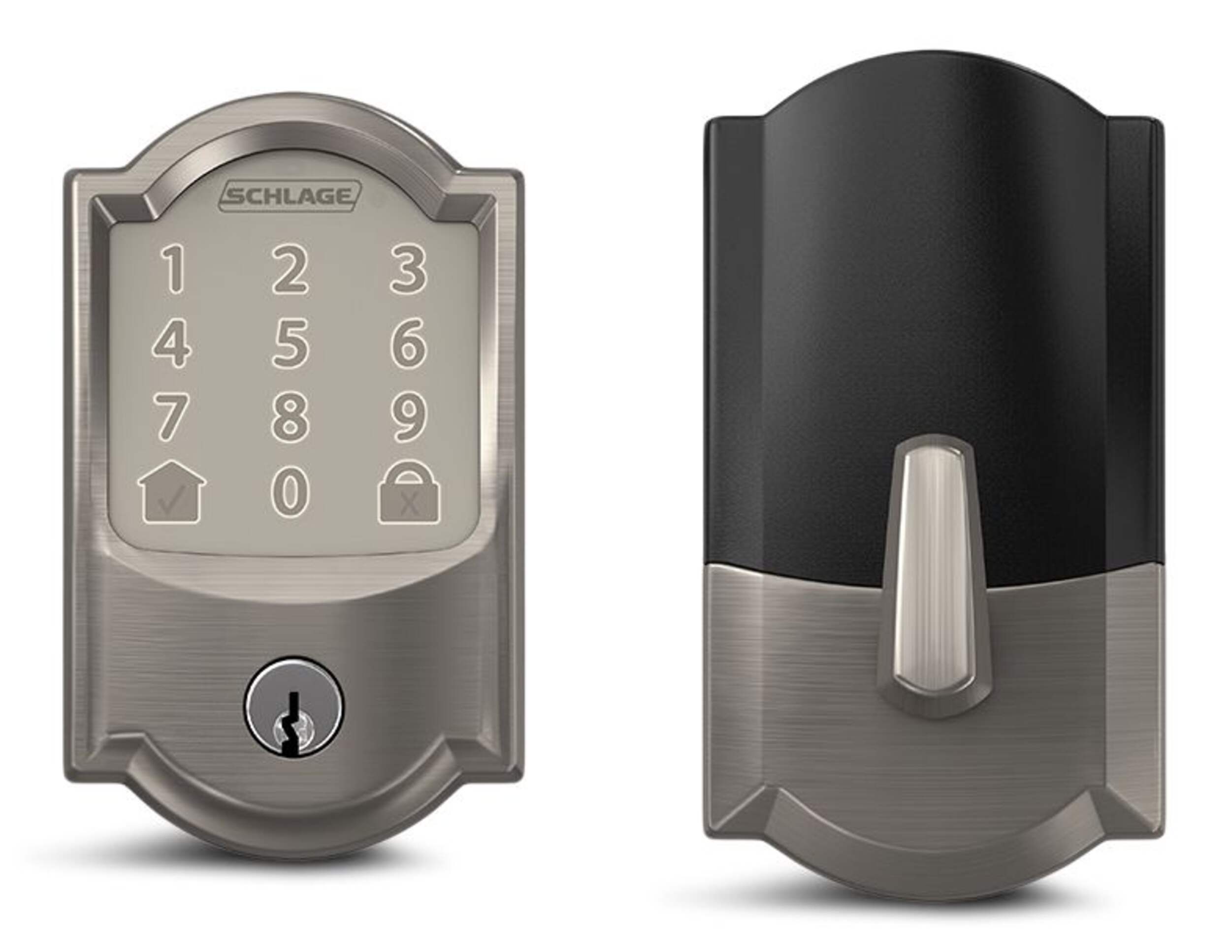 Schlage Encode Smart WiFi Deadbolt with Camelot Trim, Rated AAA Security, Satin Nickel Front_Flat