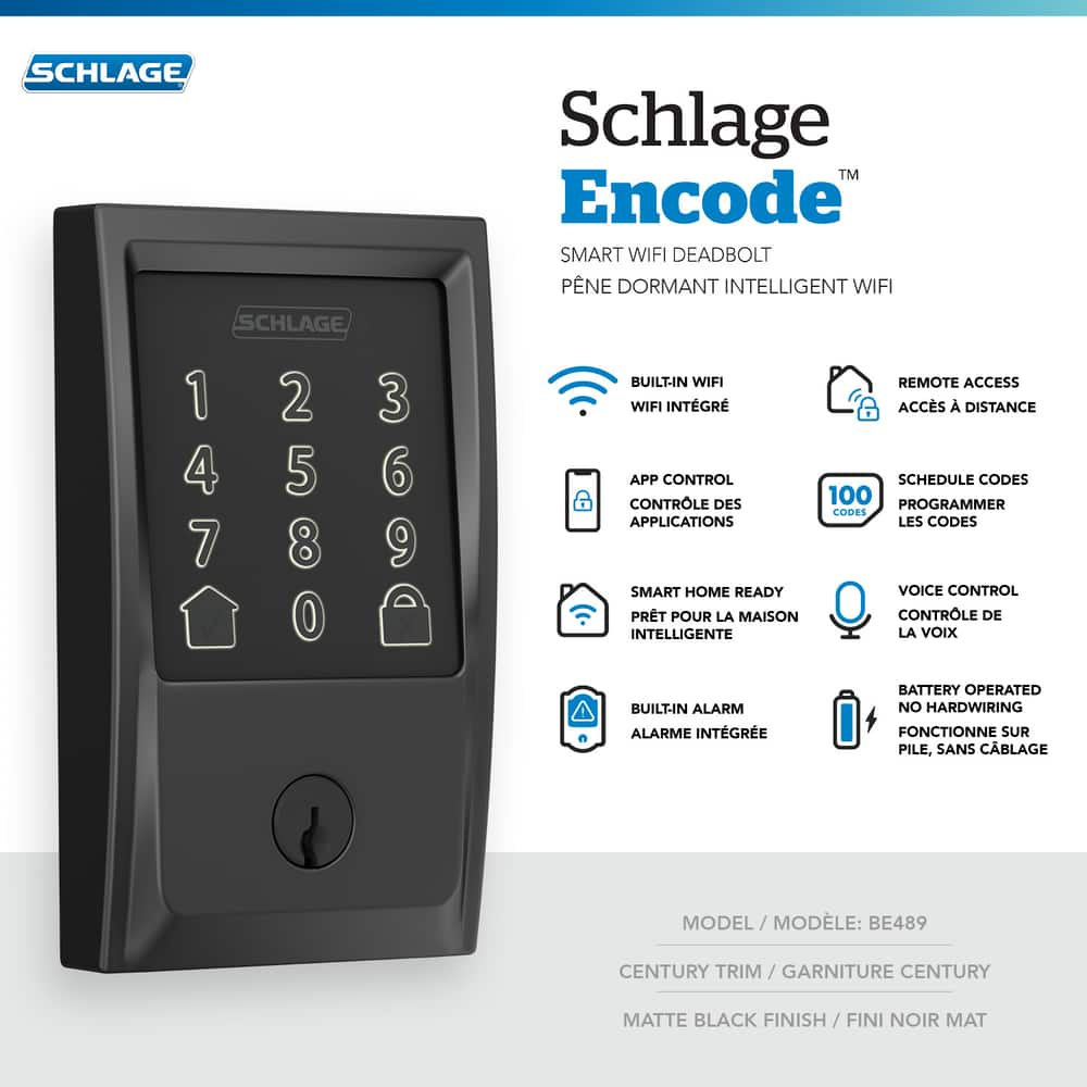 Schlage Encode Century Electronic Smart Touch-Screen Keypad Deadbolt ...