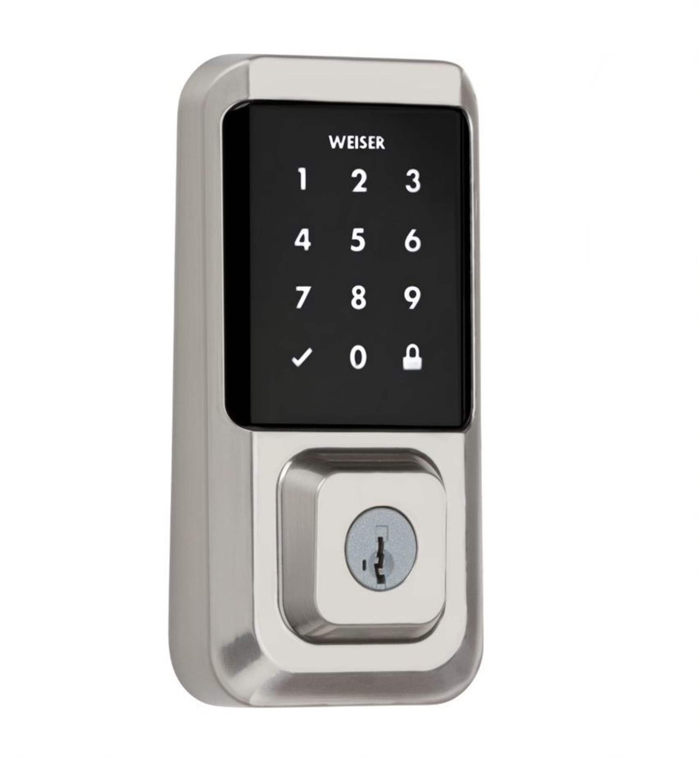 Weiser Halo WiFi Smart Lock, Keyless Entry Deadbolt with Touchscreen Keypad for Amazon Alexa and Google Assistant, Satin Nickel Front_Angled_Right