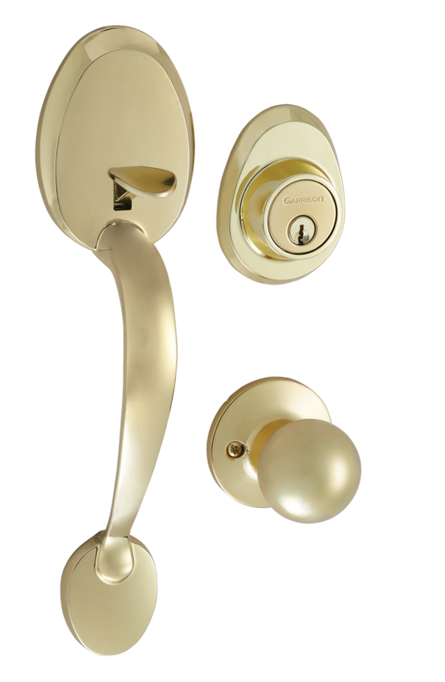 Garrison Grip Handle Set, Door Knob & Deadbolt Lock Set, Polished Brass
