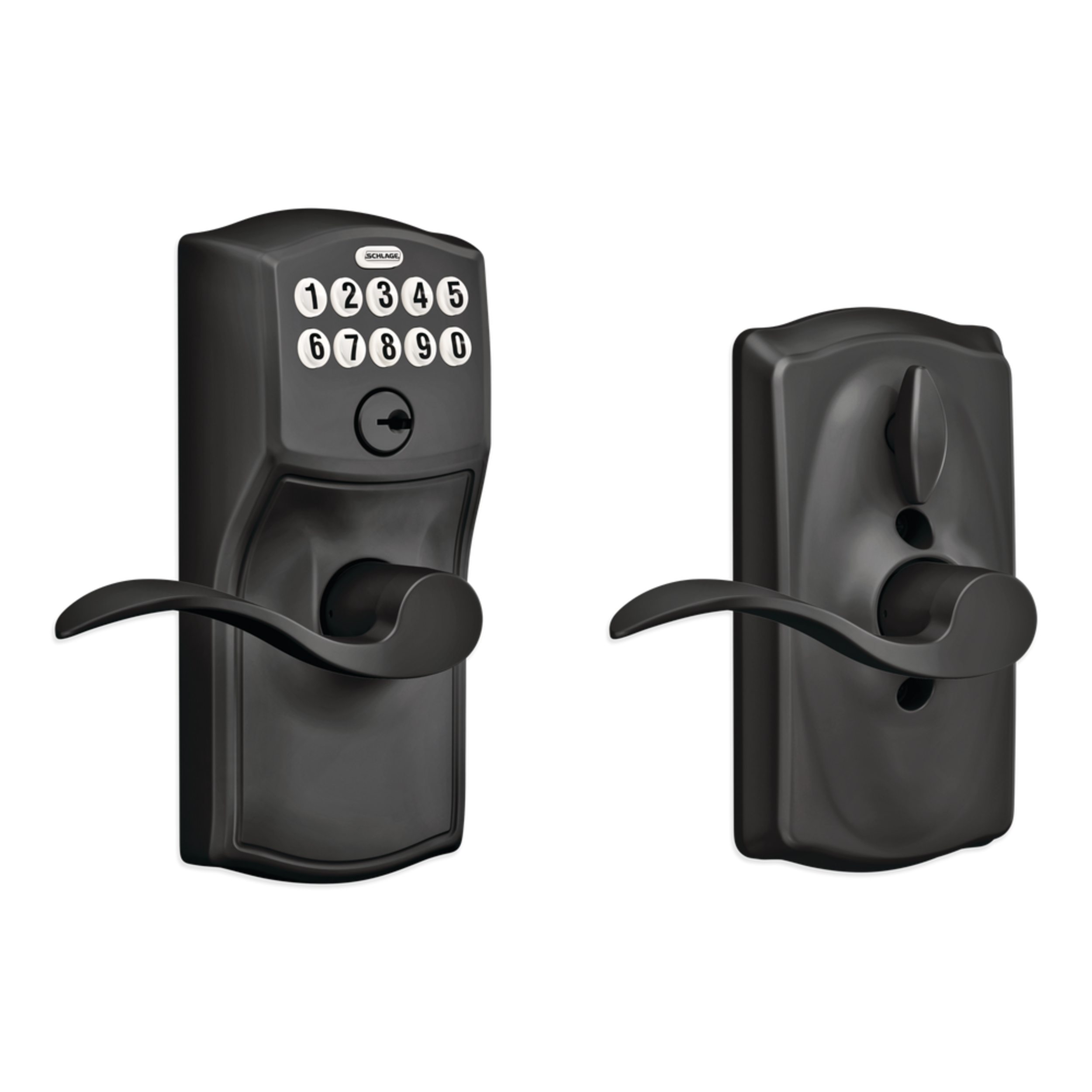 Schlage Camelot Electronic Keypad with Accent Lever, Rated AAA Security, Matte Black Front_Three_Fourths_Angled_Right