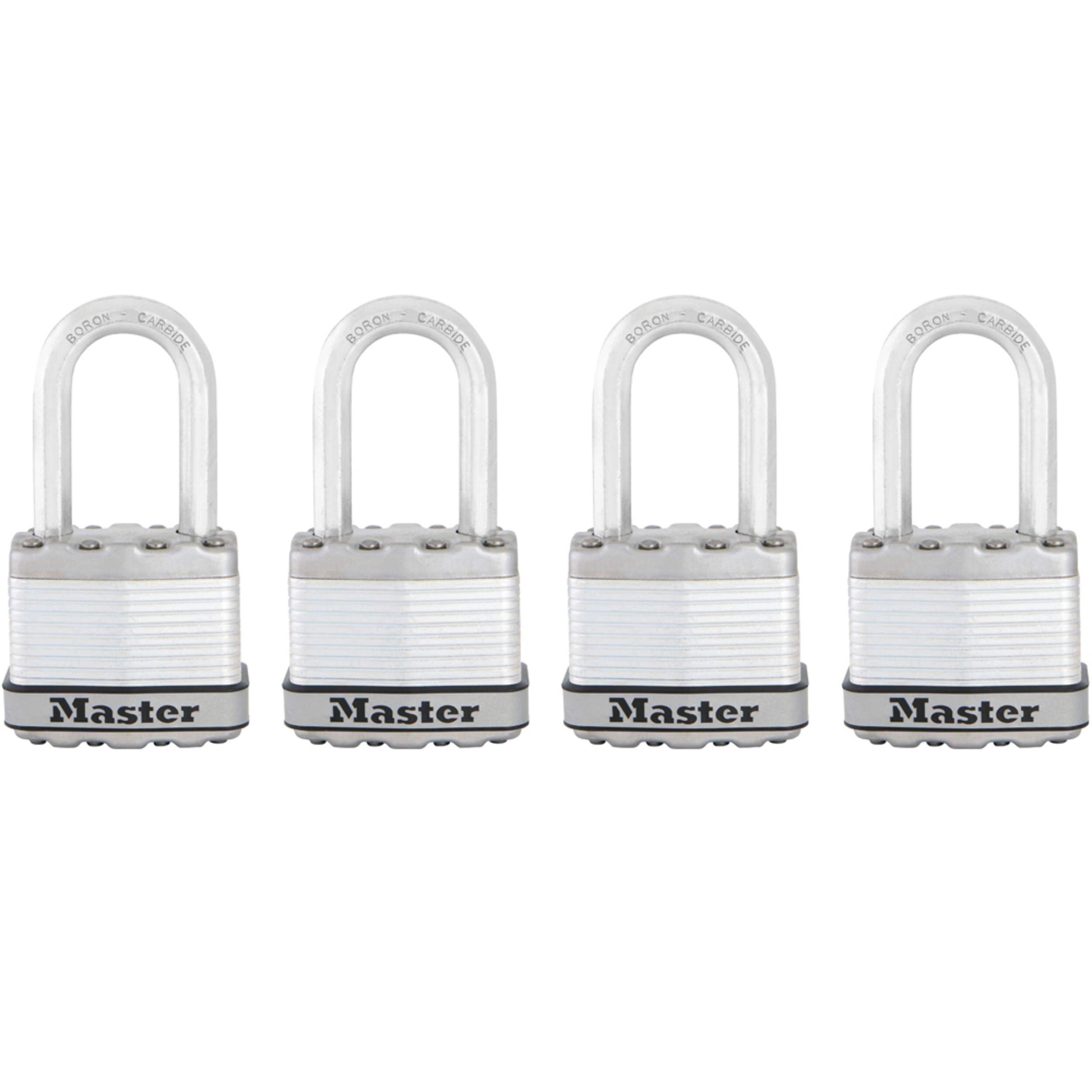Master Lock 44 mm Wide Laminated Magnum Steel Keyed Padlocks with 38 mm Shackle, Silver, 4-pk Front_Elevated