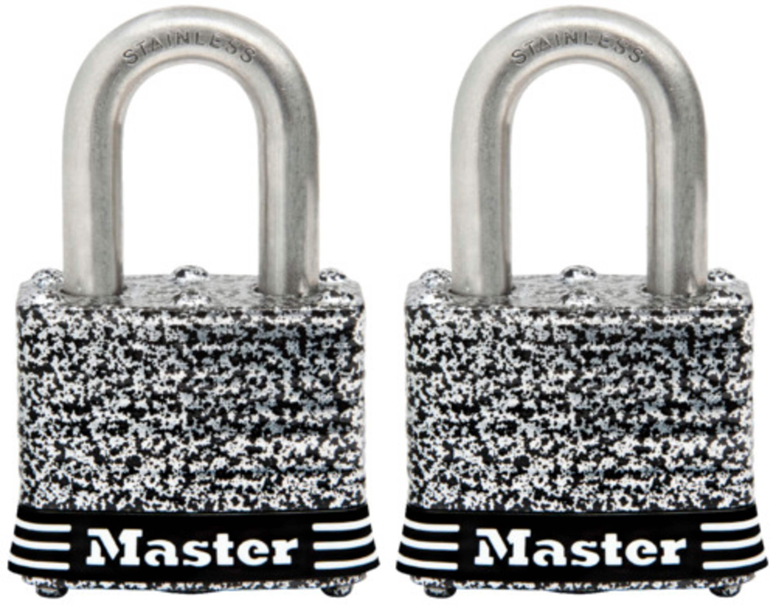 Master Lock 40 mm Wide Laminated Keyed Padlocks, Stainless Steel, 2-pk Front_Elevated