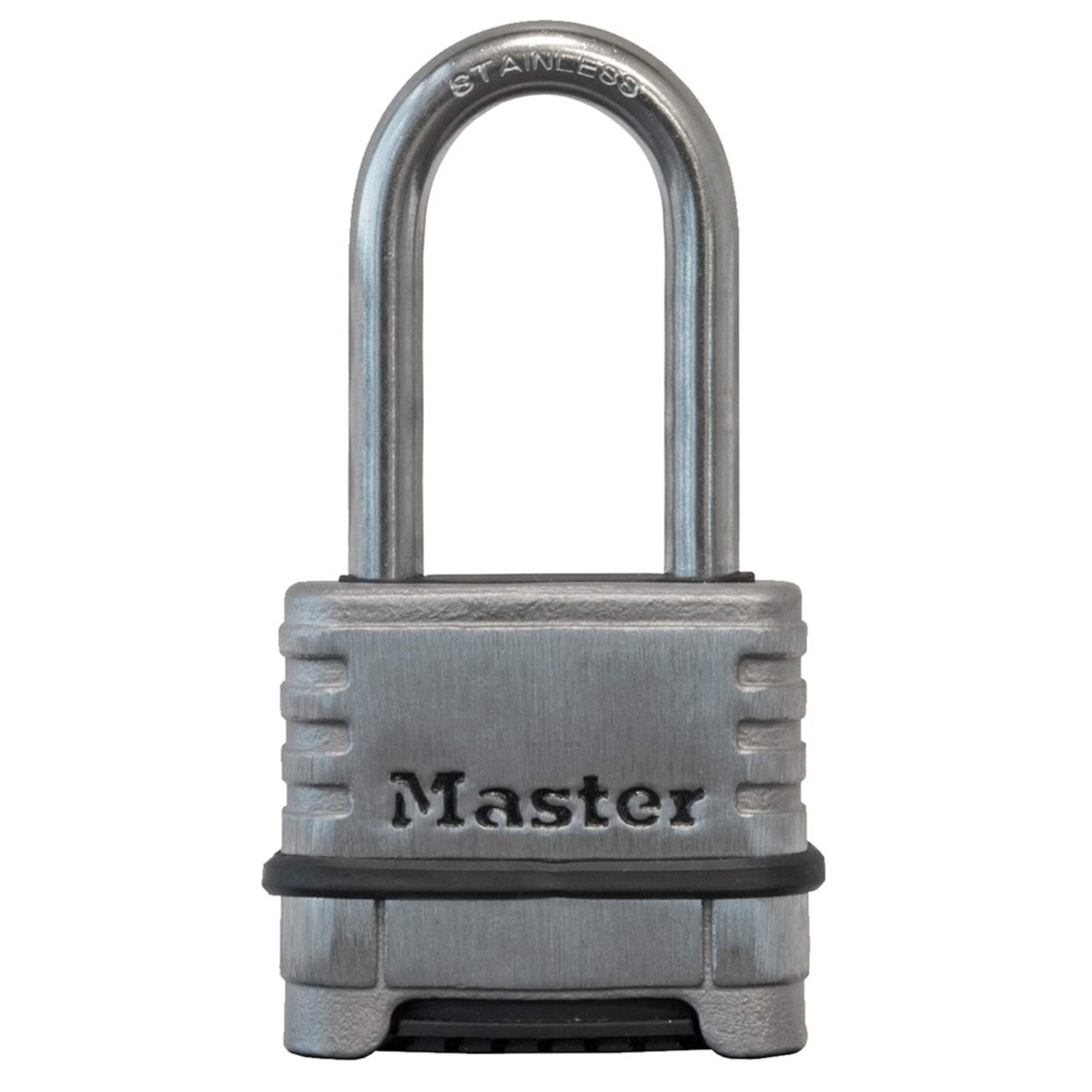 Master Lock 57mm Wide Resettable Numeric Combination Padlock with 51 mm Shackles, Stainless Steel Front_Flat