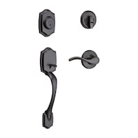Weiser Front Door Lock and Handle Set, Brentwood Deadbolt Lock and Handleset with Reversible Belmont Interior Door Lever, Matte Black Front_Three_Fourths_Angled_Right