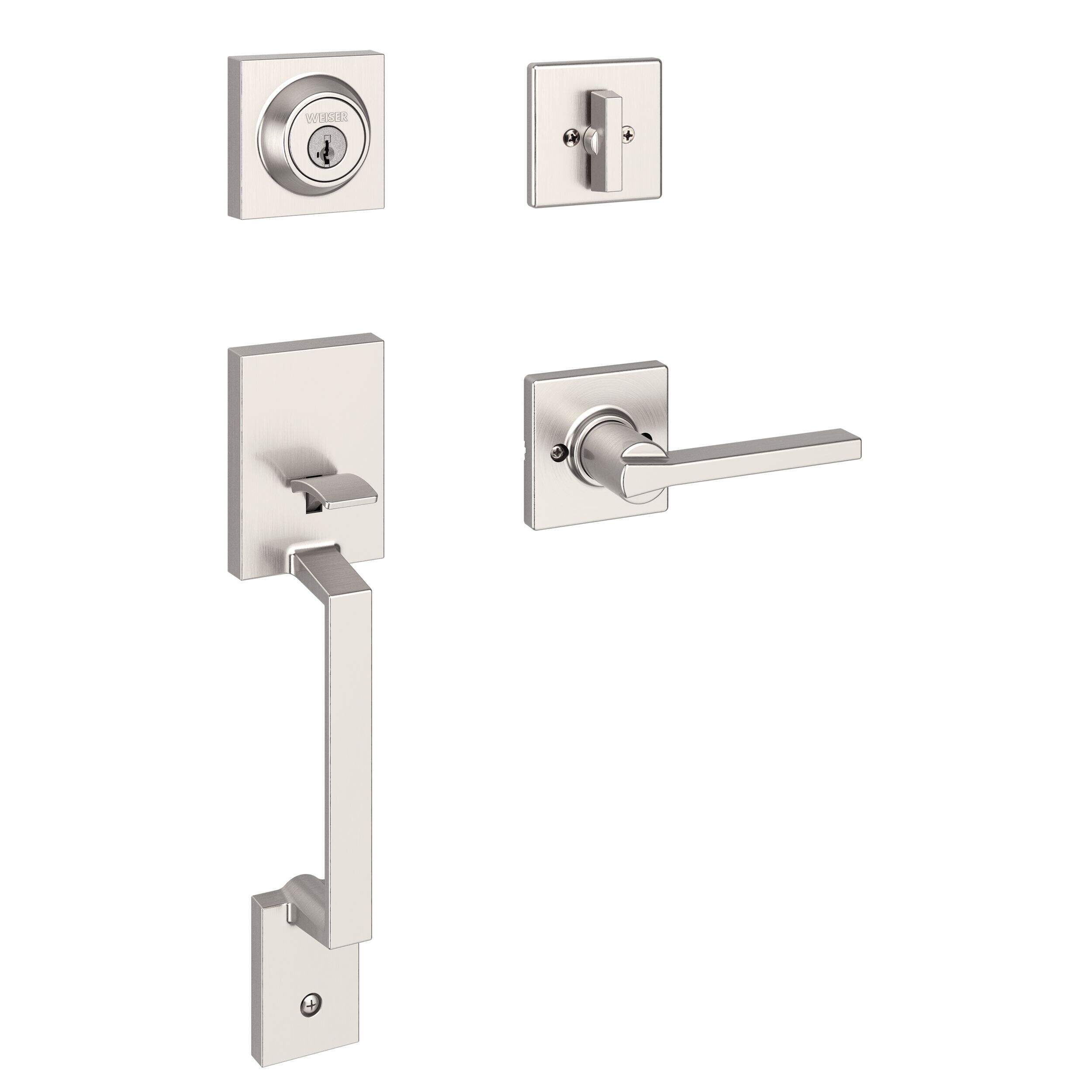 Weiser Amador Front Door Lock and Handle Set, with Casey Interior Door Lever and Deadbolt Featuring SmartKey, Satin Nickel Front_Three_Fourths_Angled_Right