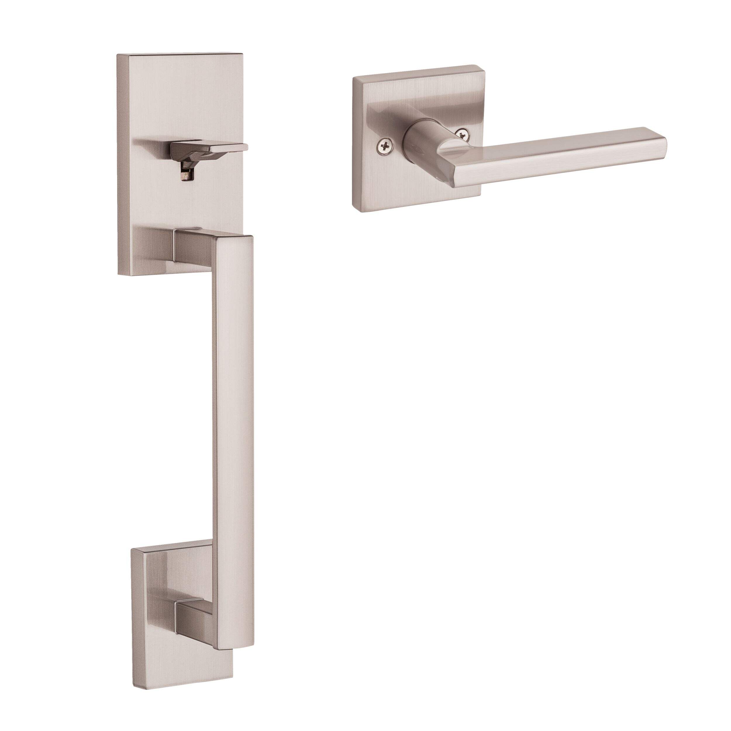 Weiser San Clemente Handle Set with Reversible Halifax Interior Door Handle/Door Lever, Deadbolt Lock Not Included, Satin Nickel Front_Three_Fourths_Angled_Right