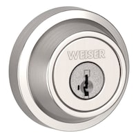 Weiser Elements Round Deadbolt Lock, ANSI/BHMA Grade 3 Certified Front Door Lock Featuring SmartKey, Satin Nickel Front_Three_Fourths_Angled_Right